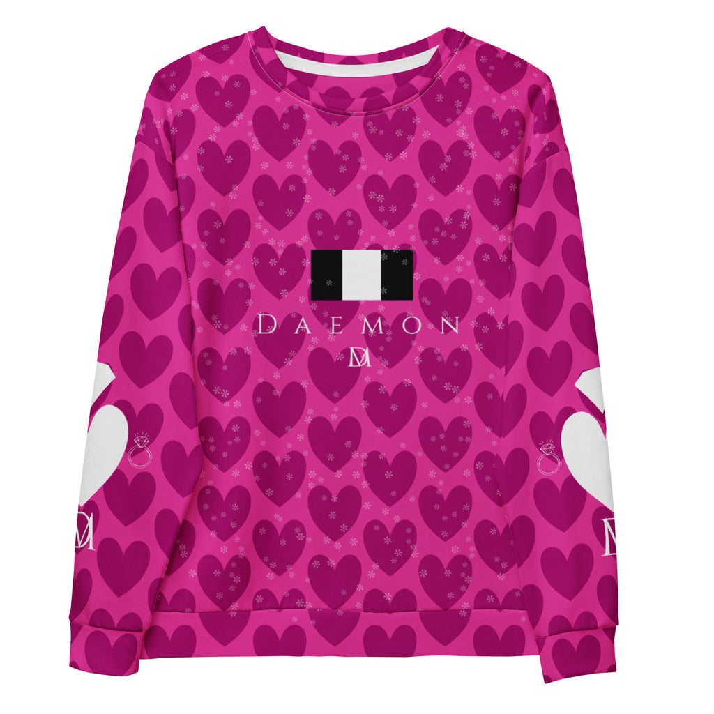 Recycled white unisex sweatshirt with all-over magenta frost magnetic spade print and hood by Daemon Luxury.