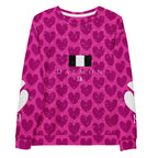 Recycled white unisex sweatshirt with all-over magenta frost magnetic spade print and hood by Daemon Luxury.