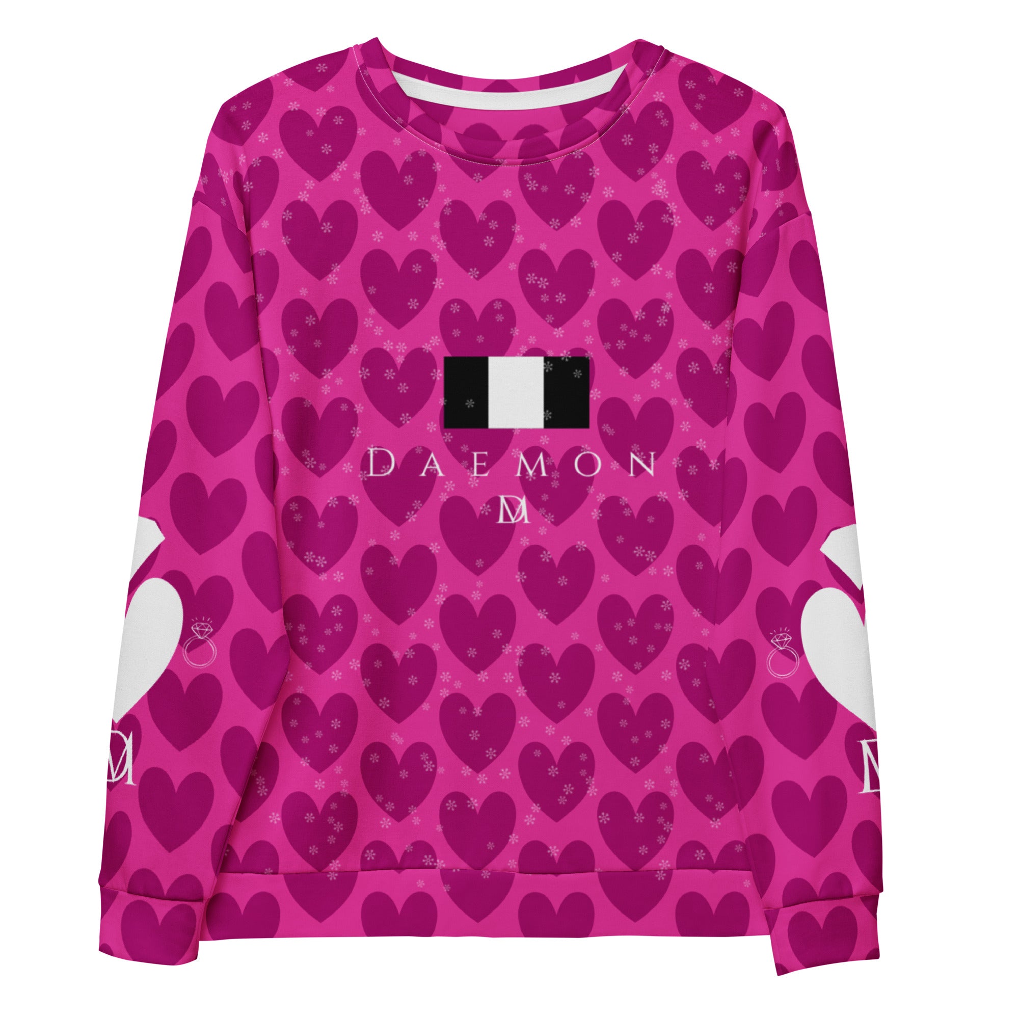 Recycled white unisex sweatshirt with all-over magenta frost magnetic spade print and hood by Daemon Luxury.