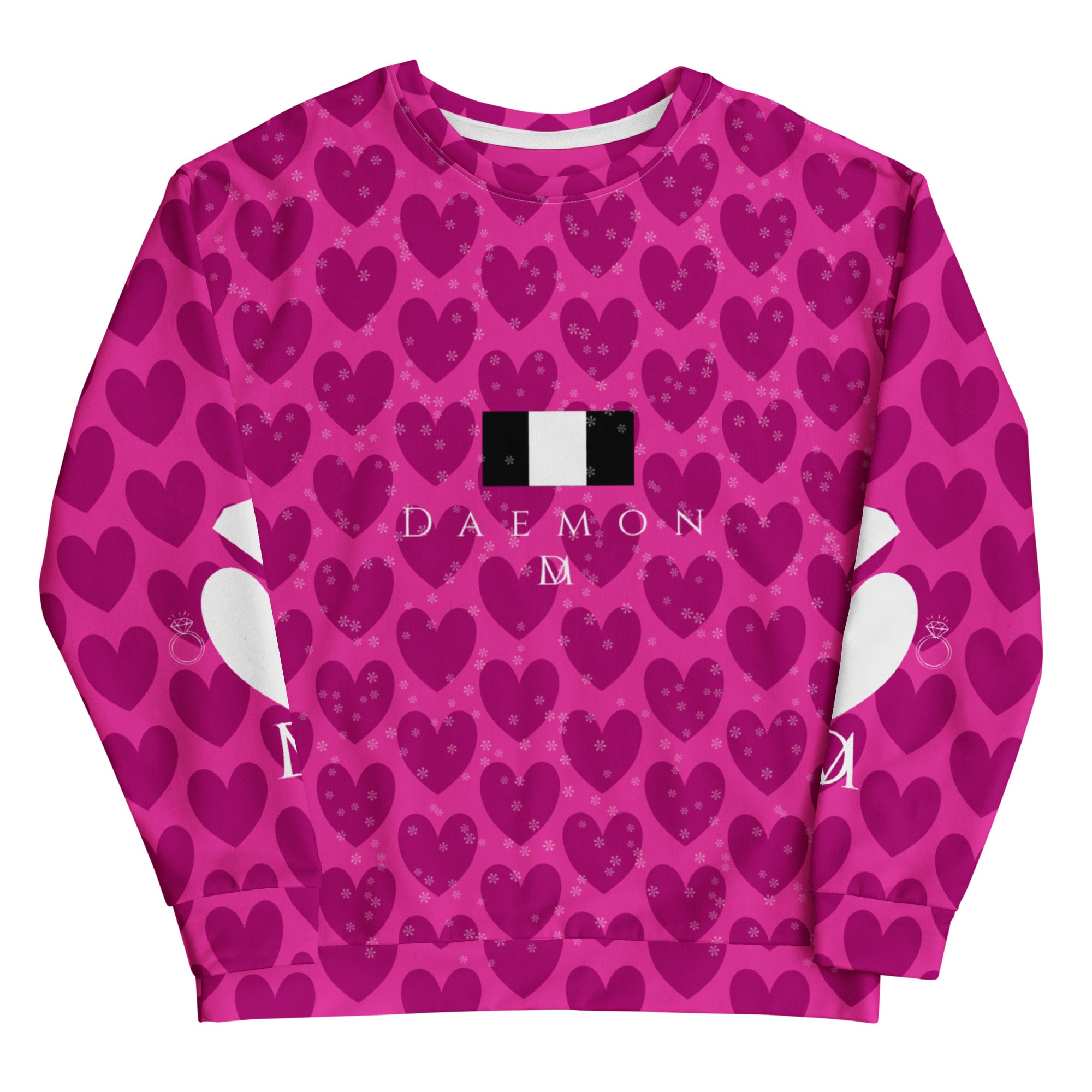 Unisex recycled cotton sweatshirt with all-over magenta frost spade print from Daemon Luxury, front view, white background.