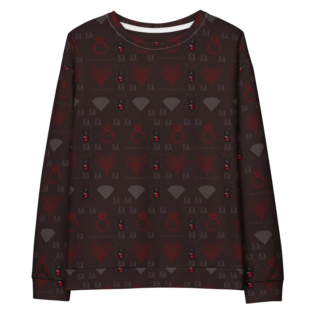 Daemon Luxury Supreme Models recycled unisex sweatshirt with all-over print, featuring a white front design.