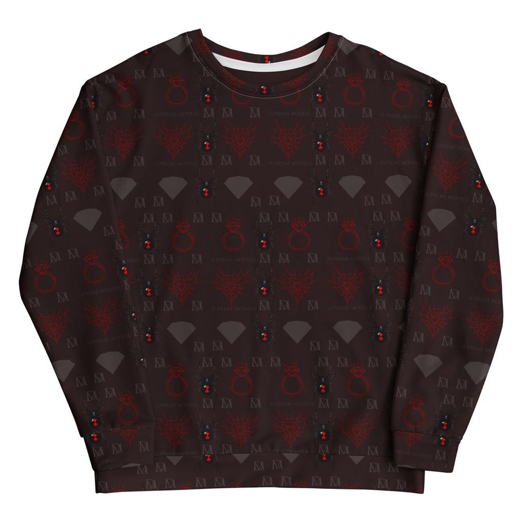 Daemon Luxury Supreme Models reticulated unisex sweatshirt with all-over recycled print, white front, comfortable casual style.