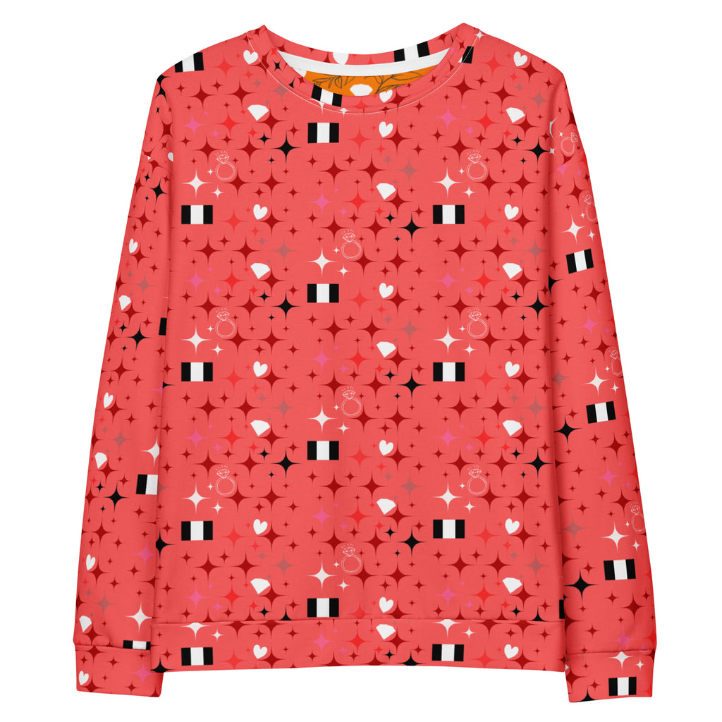 Unisex white recycled cotton sweatshirt featuring all-over stardust and Tarmin’s Heart print by Daemon Luxury.