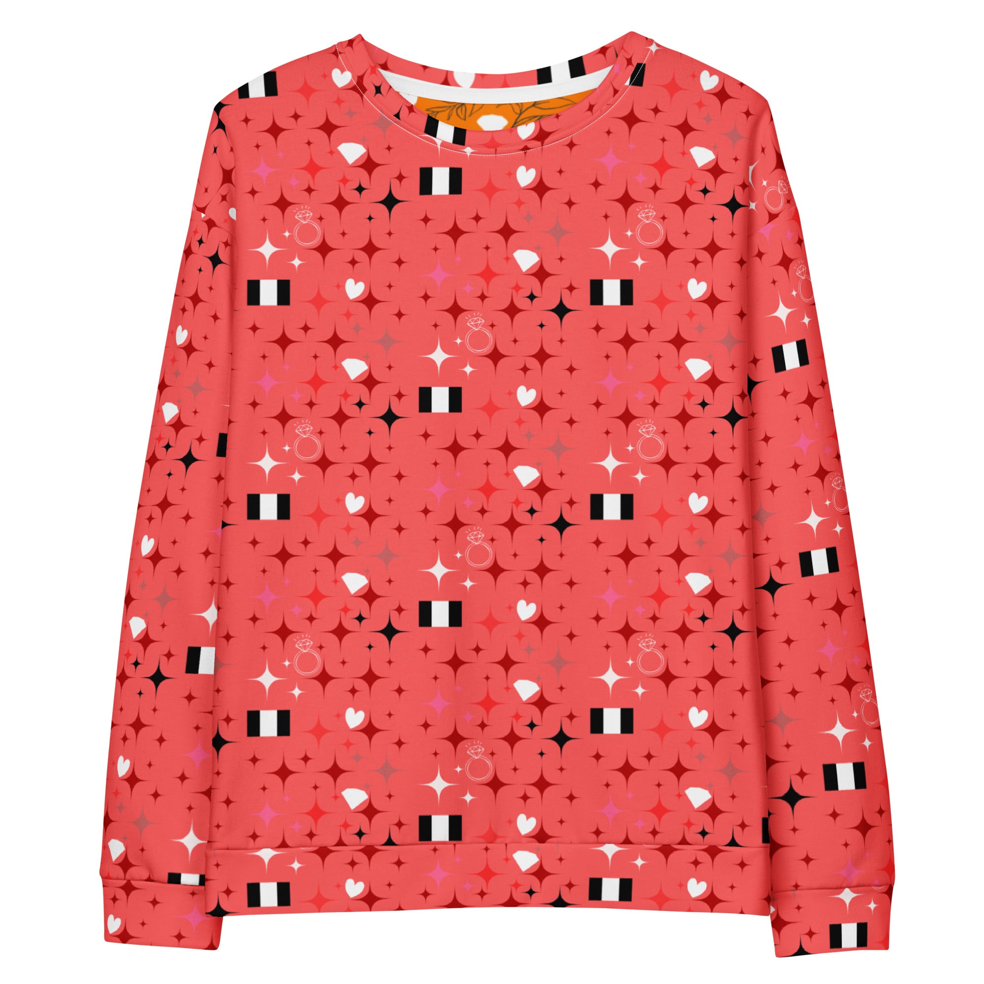Unisex white recycled cotton sweatshirt featuring all-over stardust and Tarmin’s Heart print by Daemon Luxury.