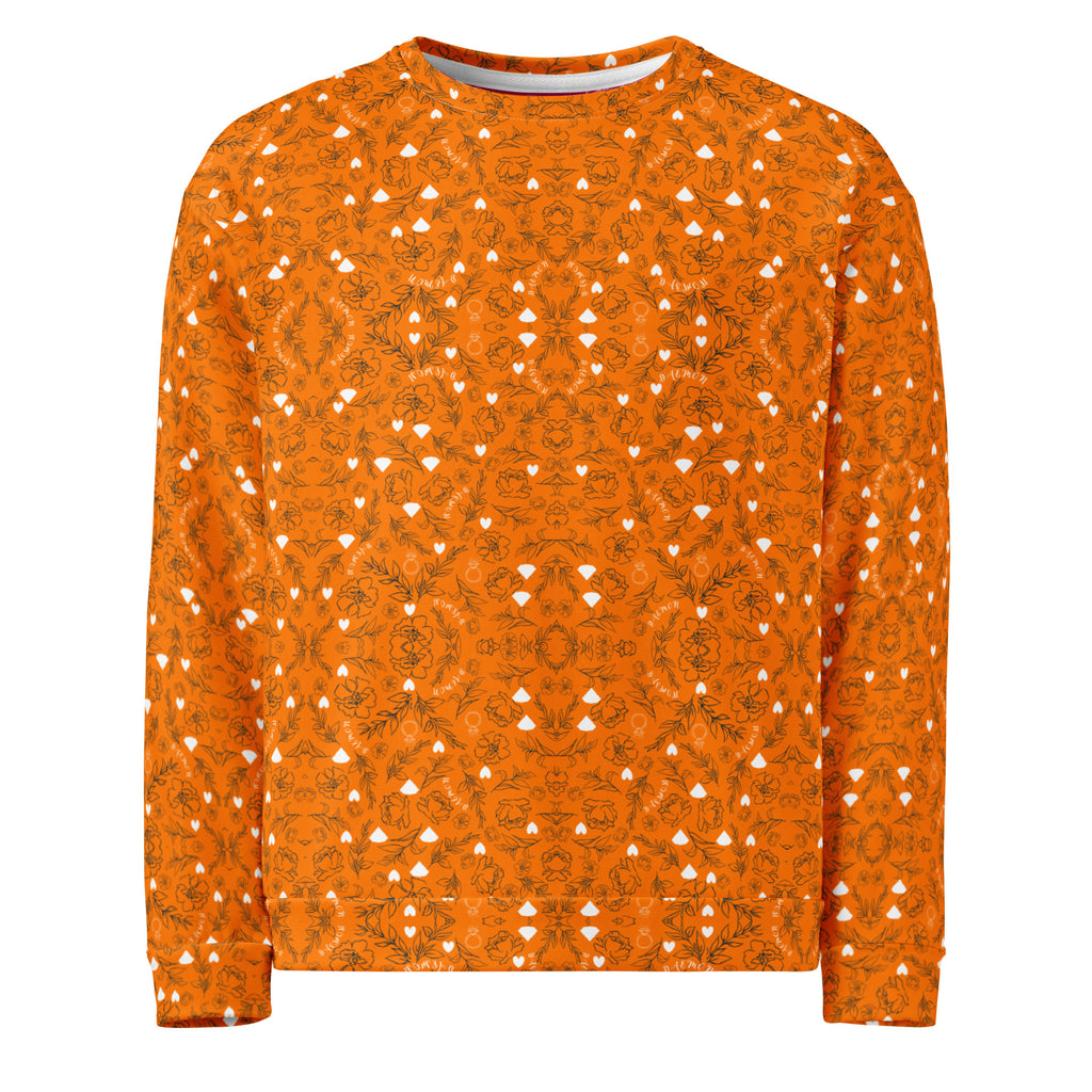 Rebirth Tarmin Sunset unisex white recycled all-over-print sweatshirt by Daemon Luxury featuring vibrant sunset design.