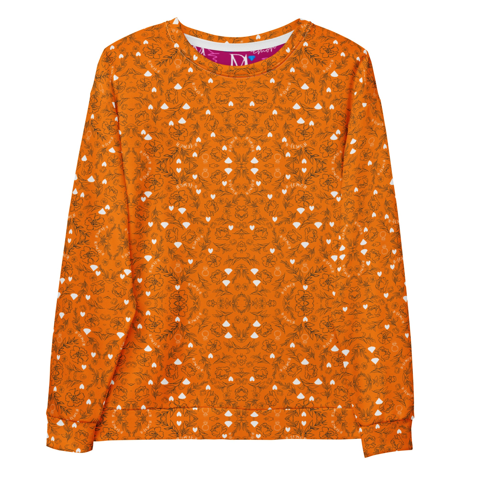 Rebirth Tarmin Sunset all-over-print recycled unisex sweatshirt by Daemon Luxury, featuring vibrant sunset design on white fabric
