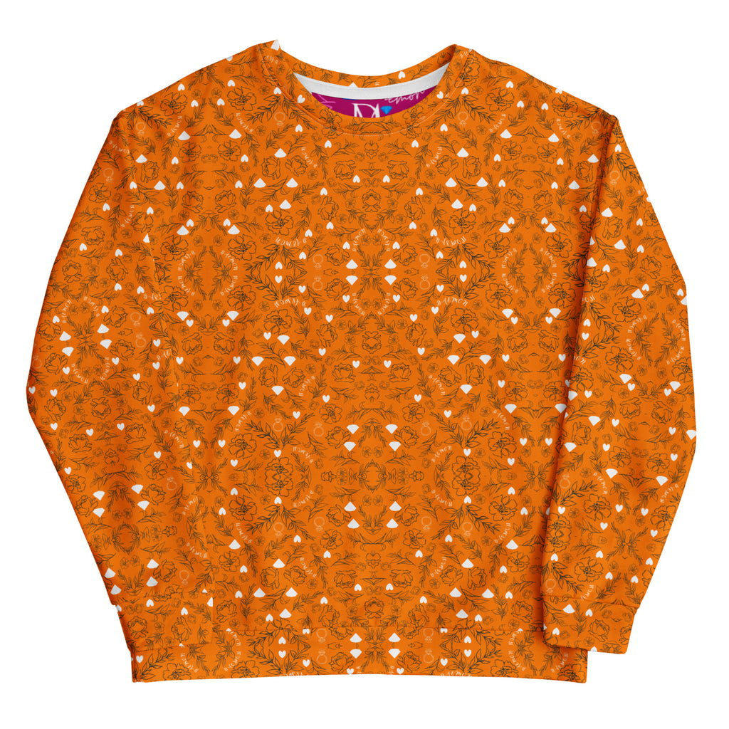 White Daemon Luxury Florette Rebirth Tarmin Sunset unisex recycled sweatshirt with vibrant all-over floral print, front view.