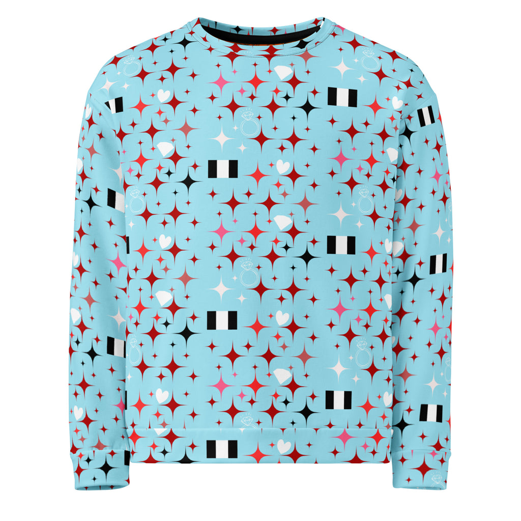 White Daemon Luxury Eternal Stardust Caribbean unisex sweatshirt with all-over print and recycled fabric, front view.