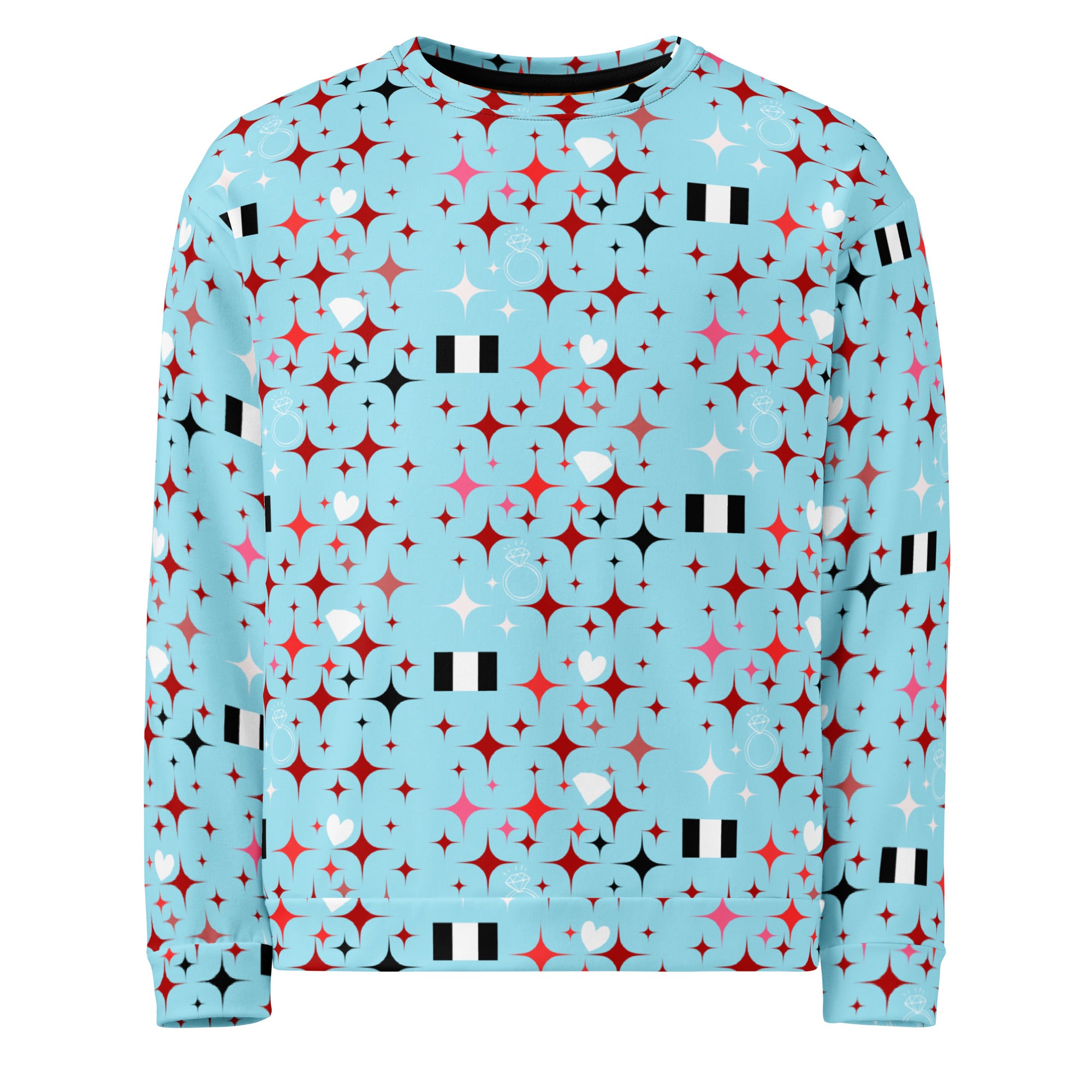 White Daemon Luxury Eternal Stardust Caribbean unisex sweatshirt with all-over print and recycled fabric, front view.