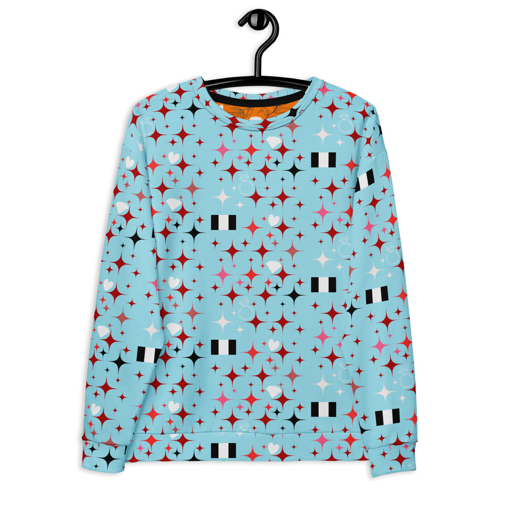 Recycled white unisex sweatshirt featuring all-over print of celestial patterns from Daemon Luxury's Eternal Stardust Caribbean collection.