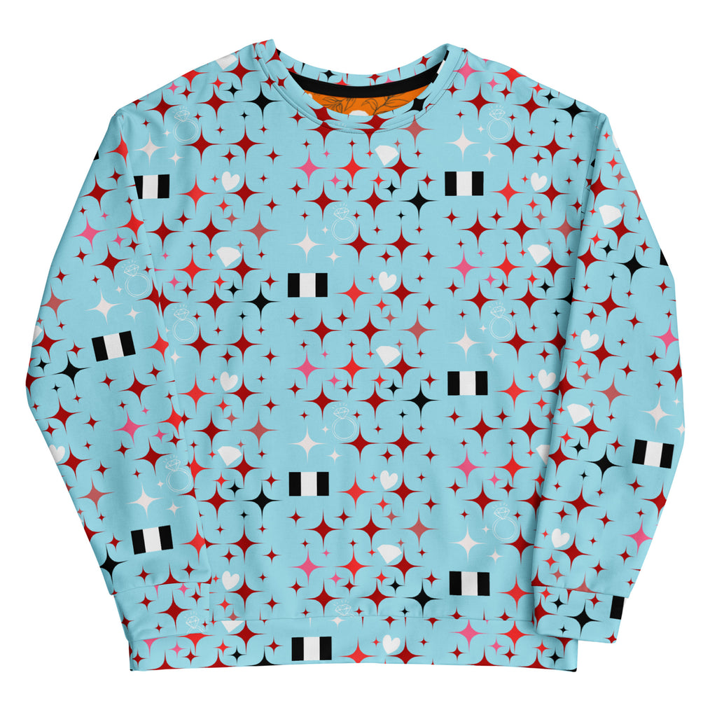 White Daemon Luxury Eternal Stardust Caribbean unisex sweatshirt with all-over print and recycled fabric, front view.