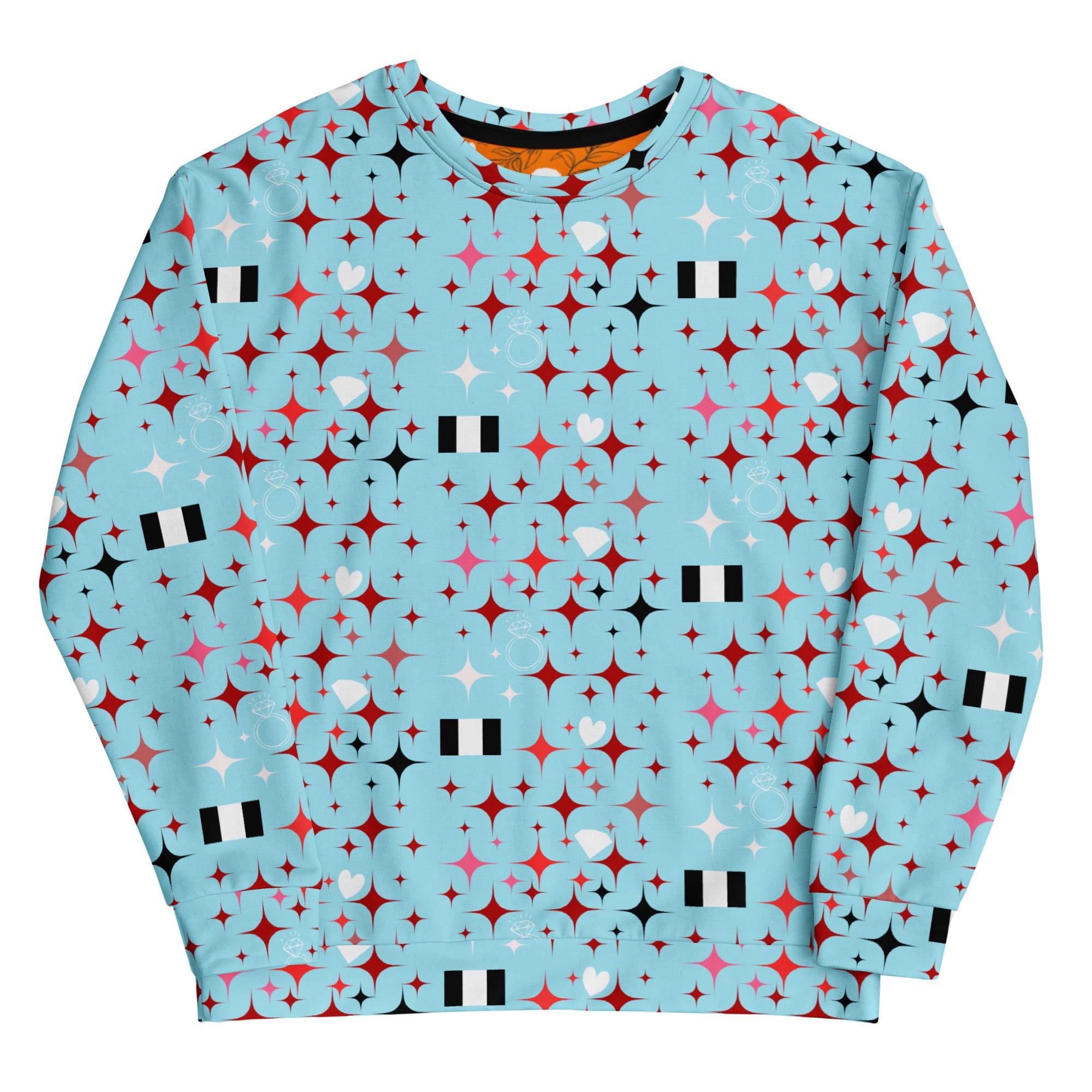 White Daemon Luxury Eternal Stardust Caribbean unisex sweatshirt with all-over print and recycled fabric, front view.