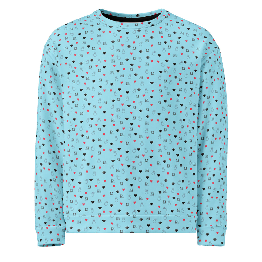 Unisex white recycled sweatshirt featuring speckled diamond Caribbean print from Daemon Luxury, front view.
