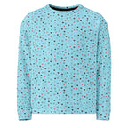 Unisex white recycled sweatshirt featuring speckled diamond Caribbean print from Daemon Luxury, front view.