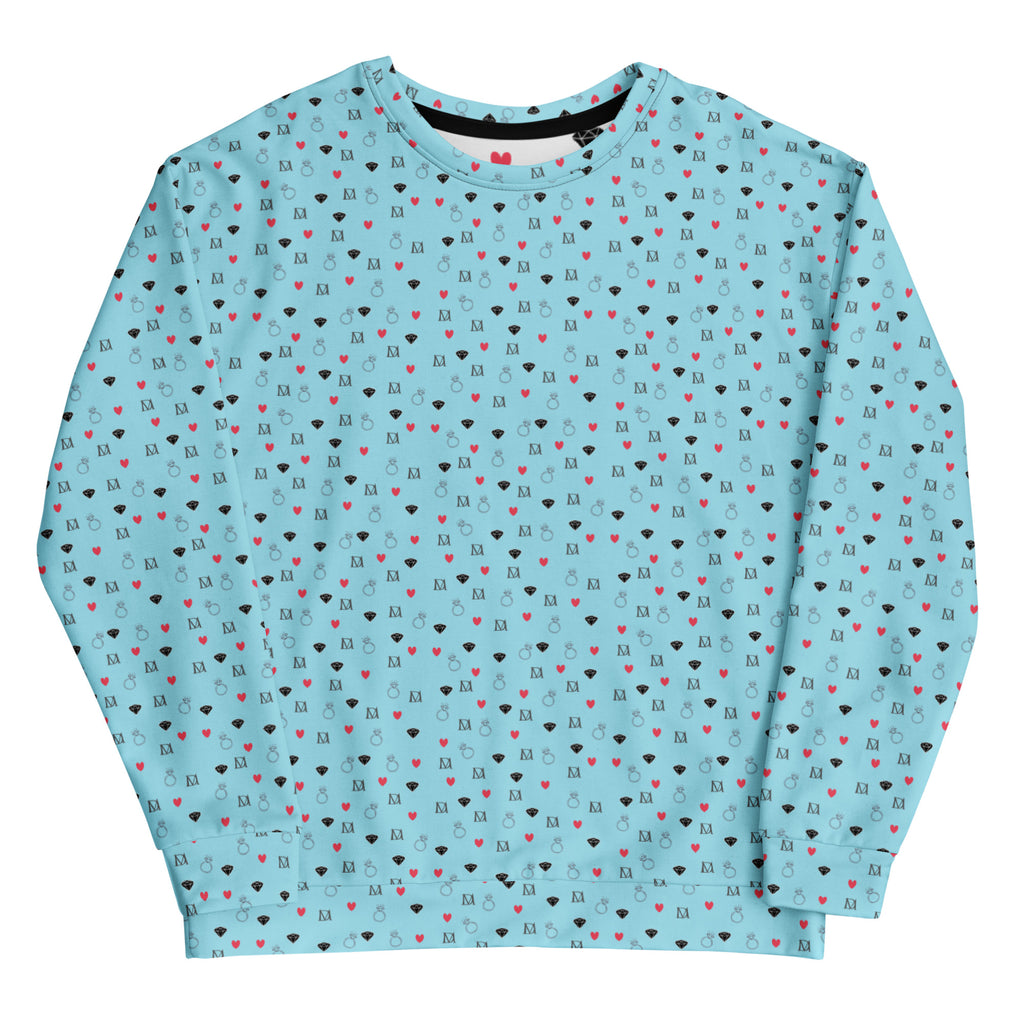 Recycled white unisex sweatshirt featuring speckled diamond Caribbean print by Daemon Luxury.