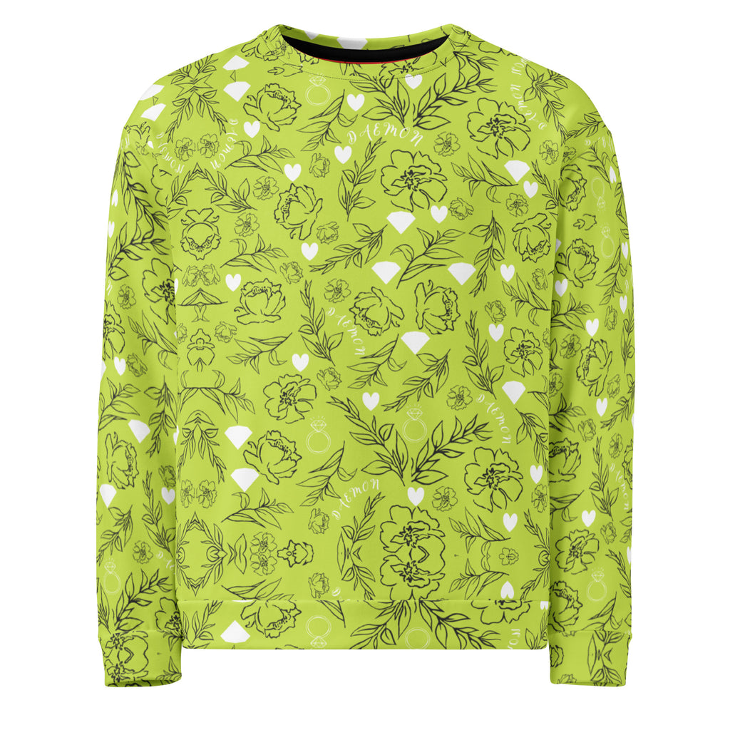White Daemon Luxury Florette Rebirth Mantis unisex sweatshirt with all-over recycled print, front view showing detailed design.