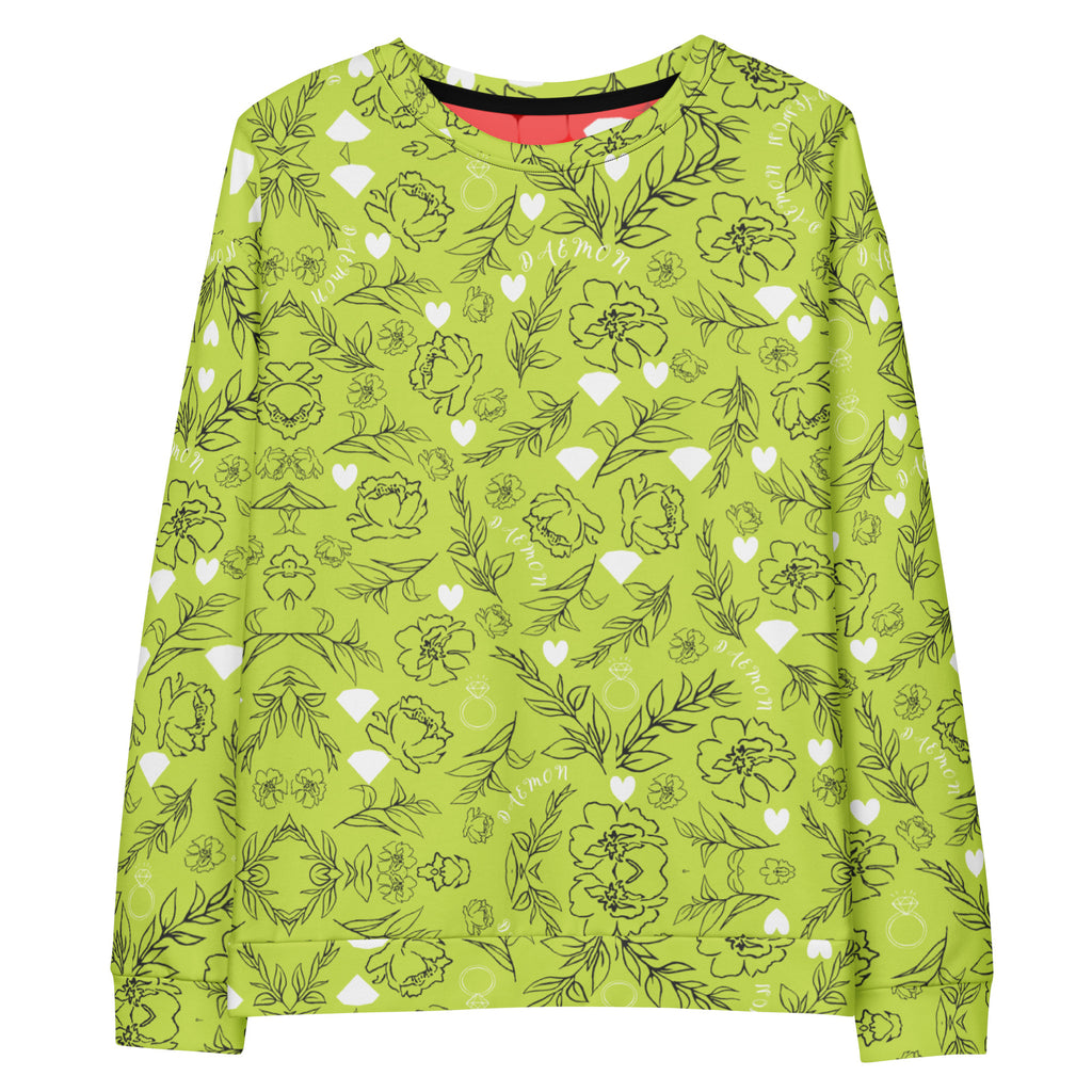 Daemon Luxury Florette Rebirth Mantis unisex recycled sweatshirt with all-over white print, casual and eco-friendly fashion.