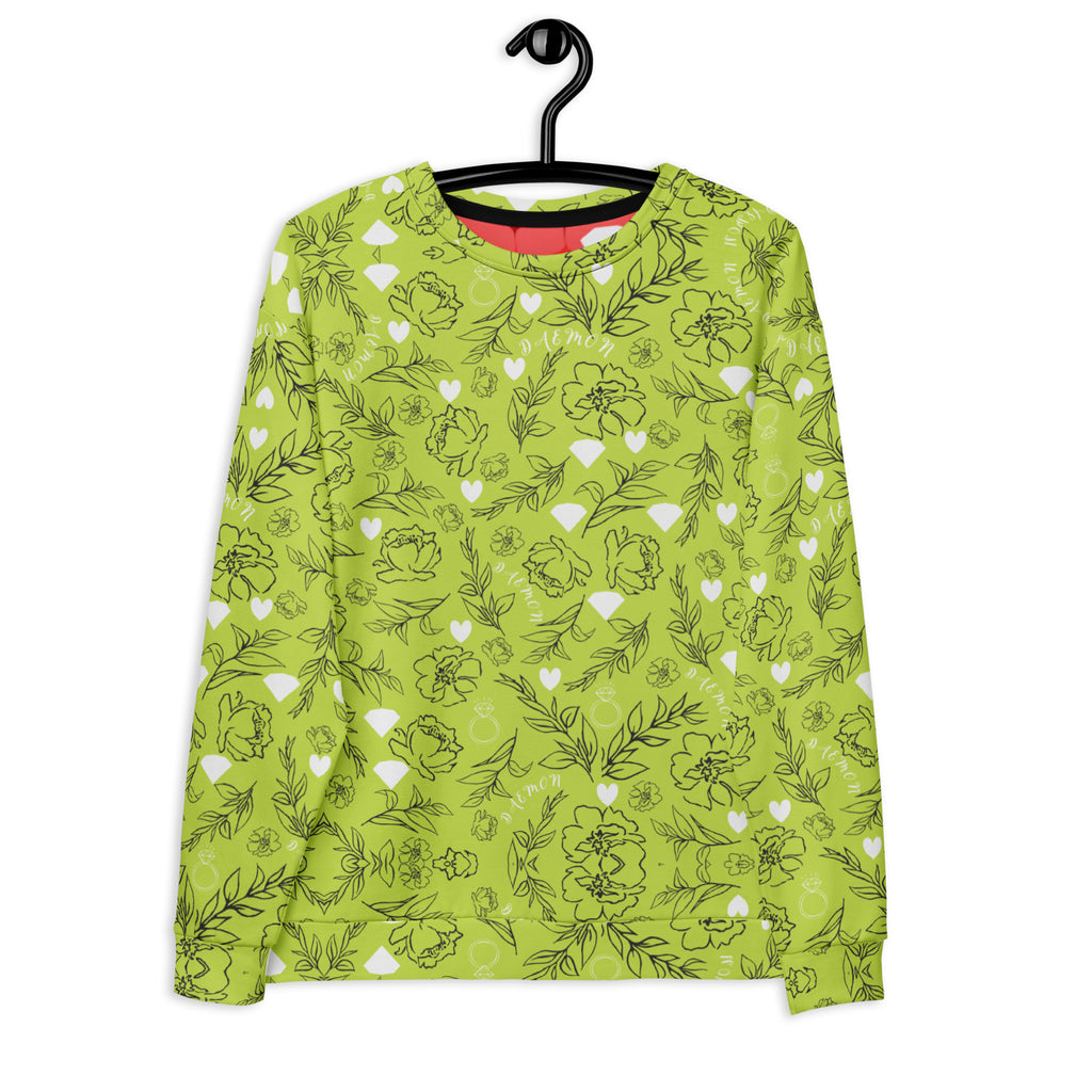 Daemon Luxury Florette Rebirth Mantis unisex recycled all-over-print white sweatshirt, front view.