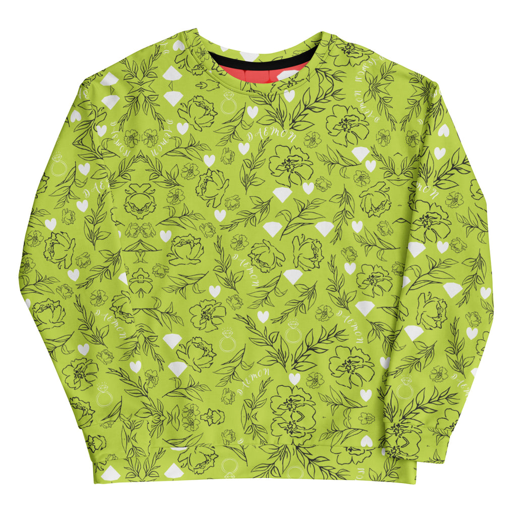 Daemon Luxury Florette Rebirth Mantis unisex recycled print sweatshirt in white, featuring all-over vibrant botanical design.