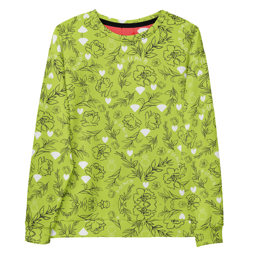 Daemon Luxury Florette Rebirth Mantis unisex recycled all-over-print sweatshirt in white, front view showing vibrant design.