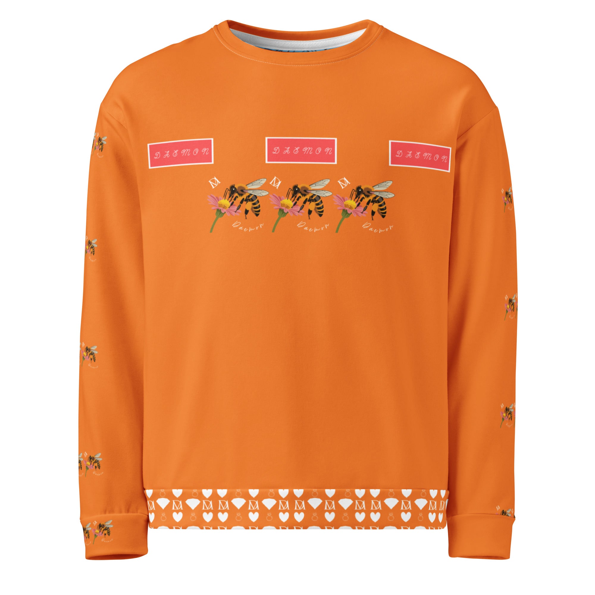 Daemon Luxury Honeybee Smoothie Winter’s Sunset unisex sweatshirt with all-over print on white recycled fabric.