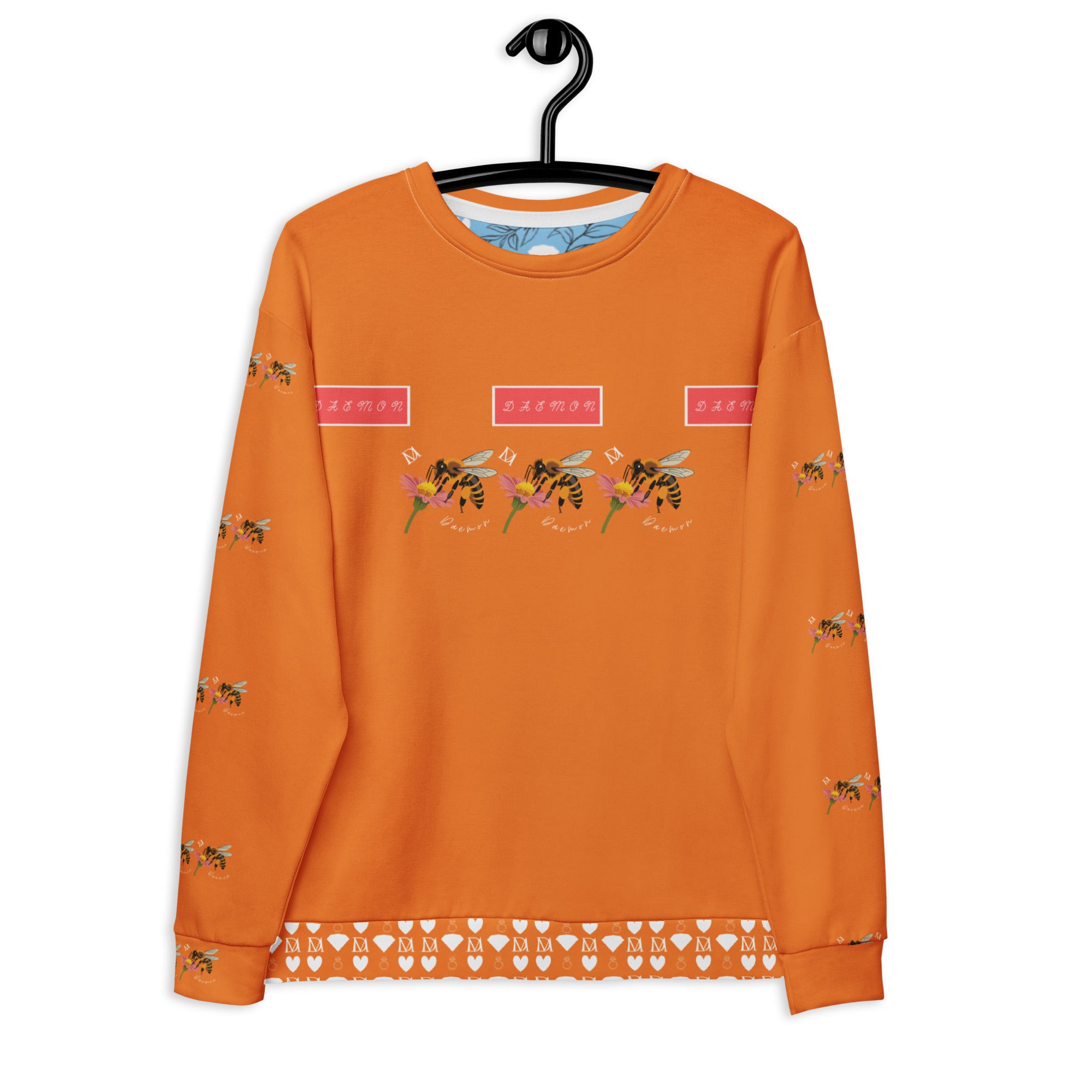 Daemon Luxury Honeybee Smoothie Winter’s Sunset unisex recycled sweatshirt with all-over print on white fabric.
