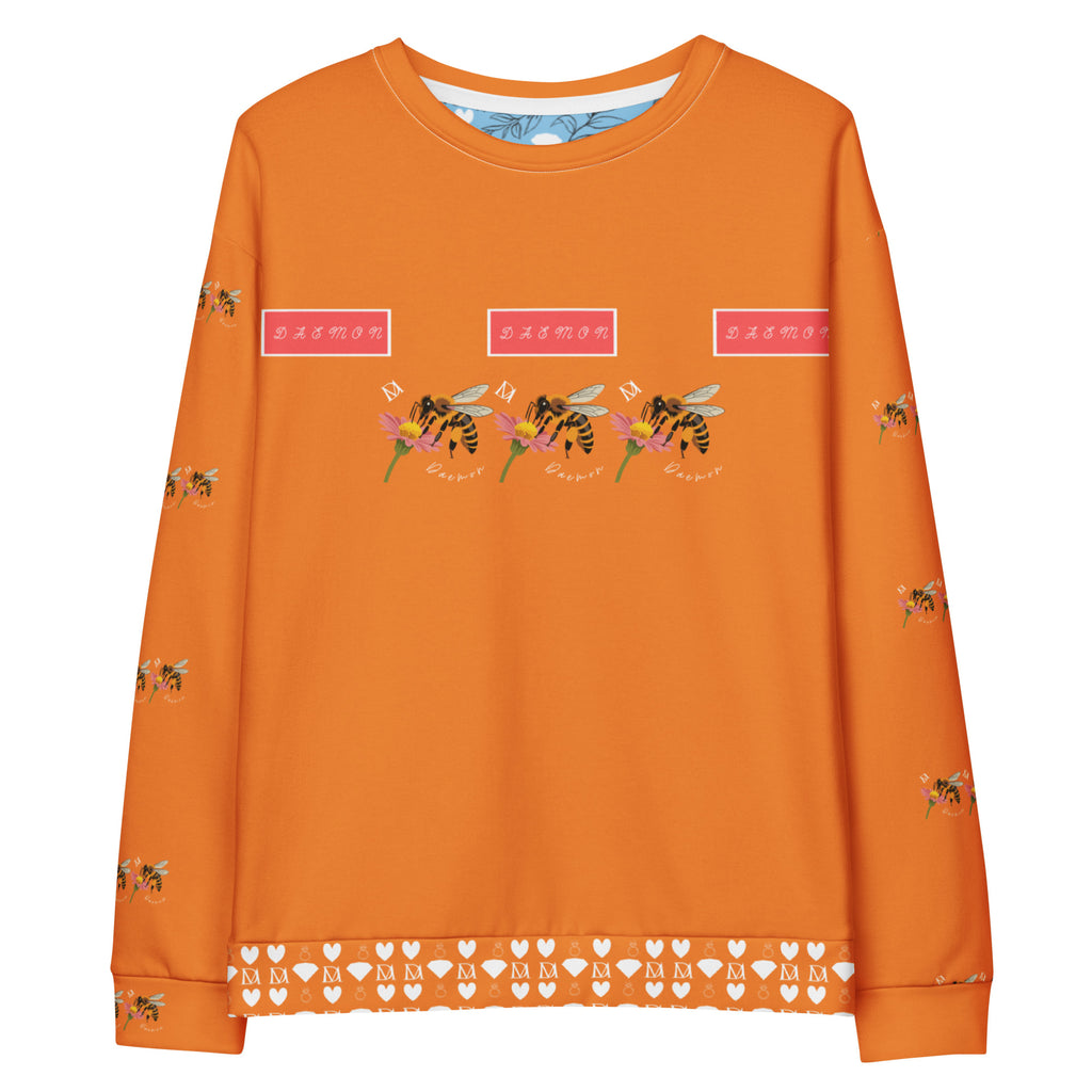 Daemon Luxury Honeybee Smoothie Winter’s Sunset unisex recycled sweatshirt with all-over print in white, featuring vibrant bee and sunset design.
