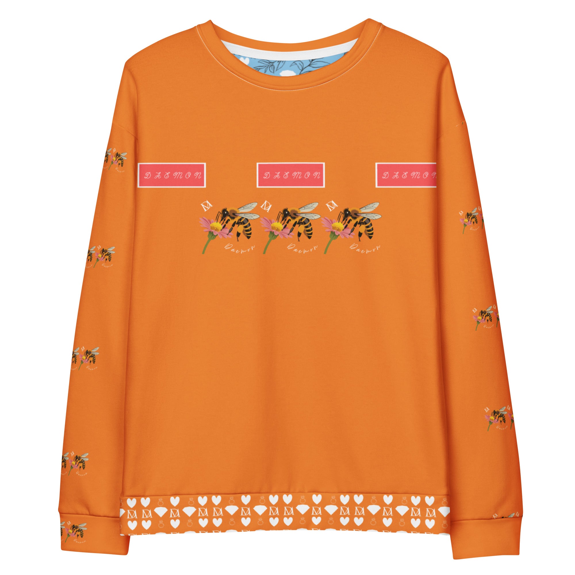 Daemon Luxury Honeybee Smoothie Winter’s Sunset unisex recycled sweatshirt with all-over print in white, featuring vibrant bee and sunset design.
