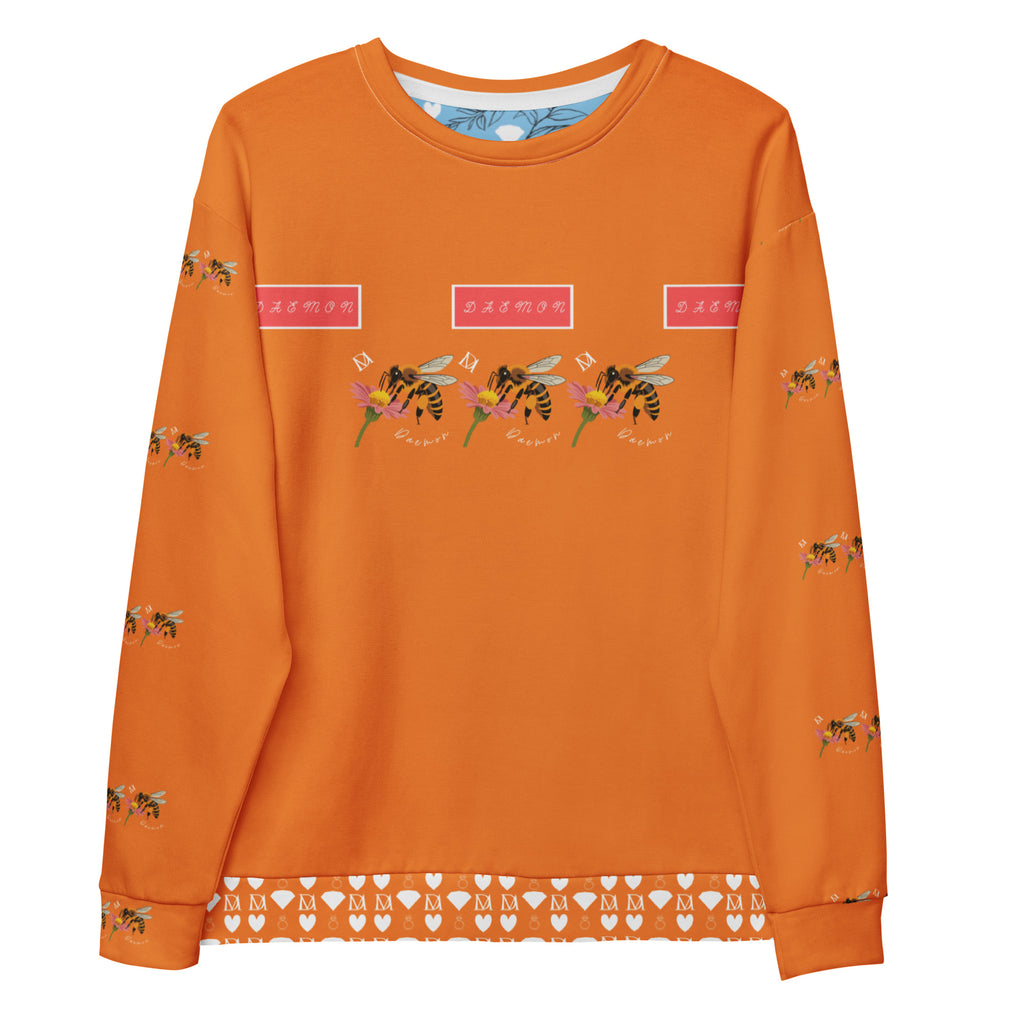 Daemon Luxury Honeybee Smoothie Winter’s Sunset unisex sweatshirt with all-over floral print on white recycled fabric front view
