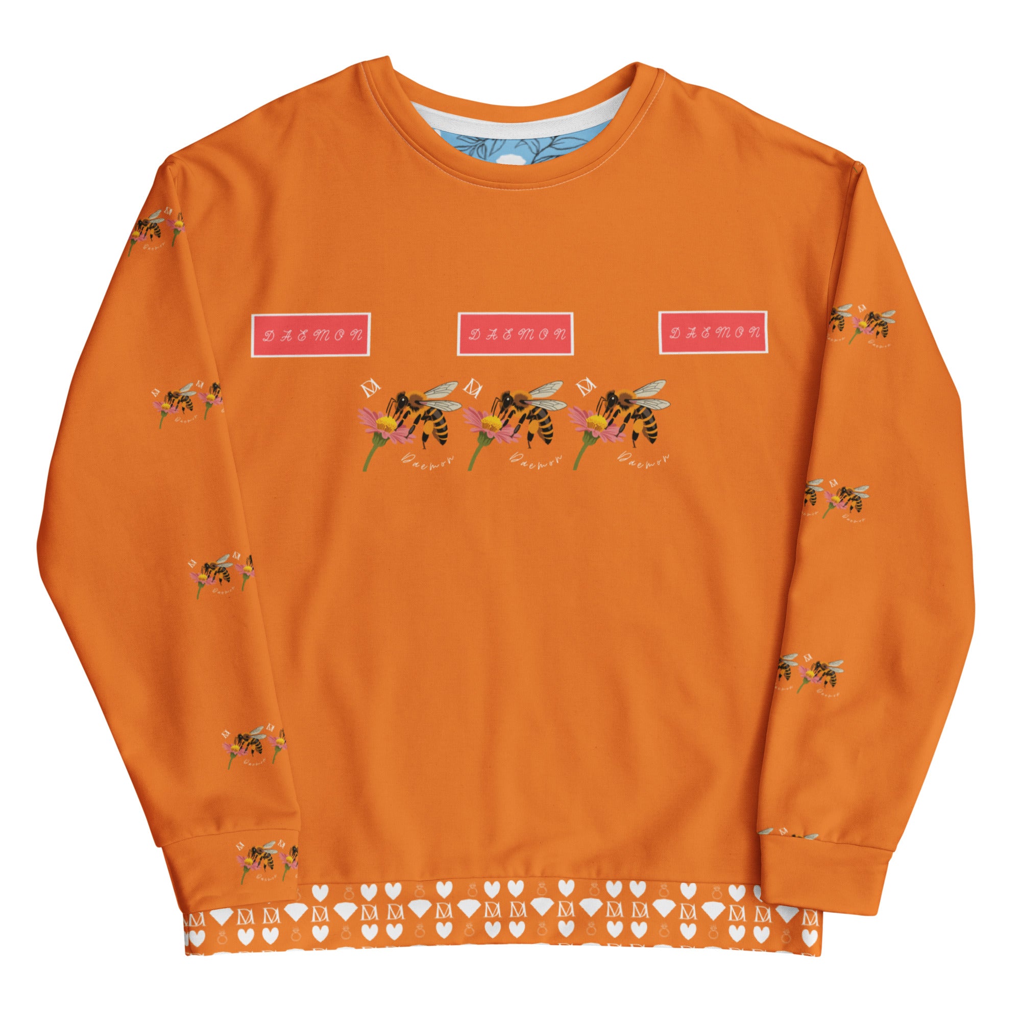 Daemon Luxury Honeybee Smoothie Winter’s Sunset unisex recycled sweatshirt with all-over sunset and honeybee print on white fabric.