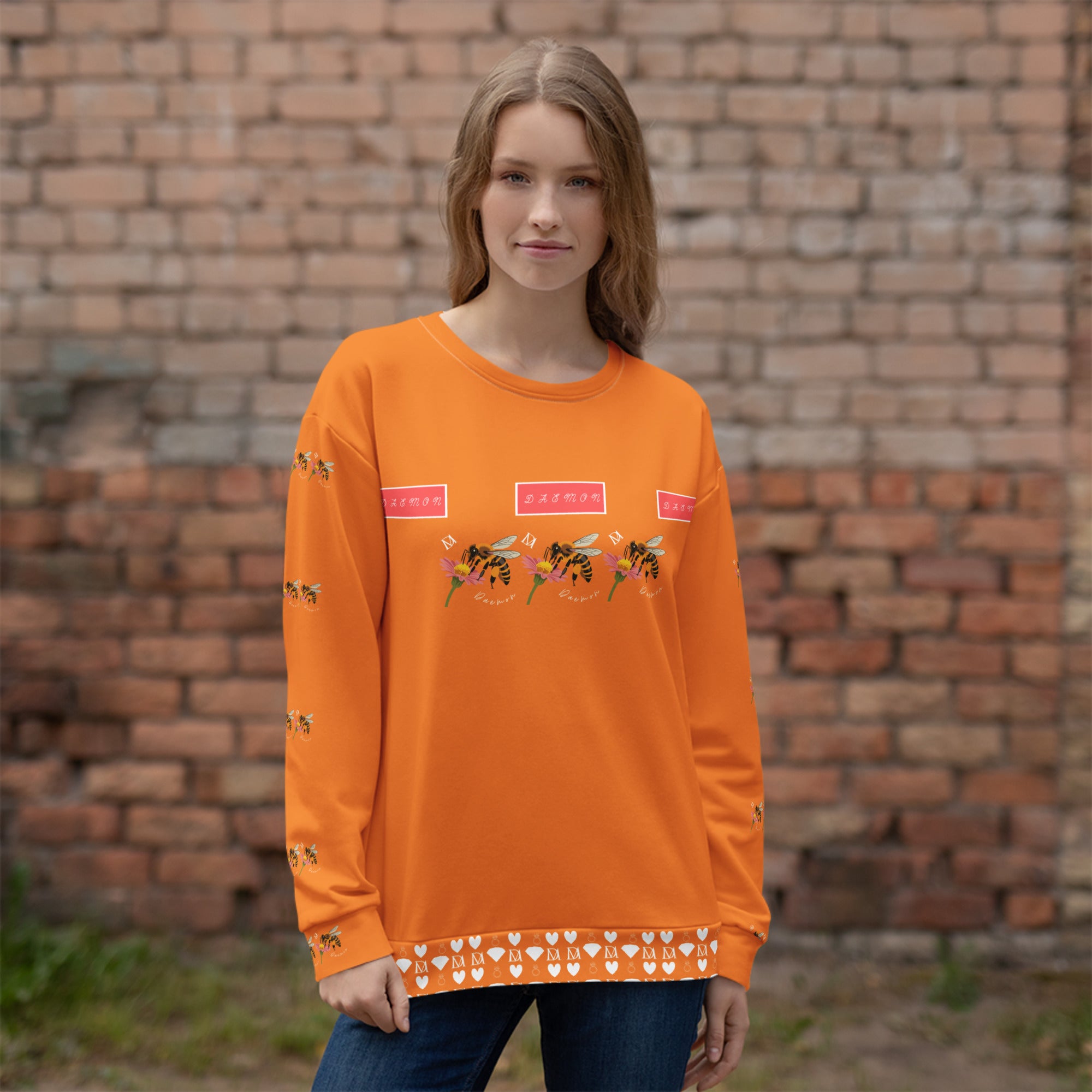Daemon Luxury Honeybee Smoothie Winter’s Sunset unisex sweatshirt with all-over printed recycled fabric in white, front view