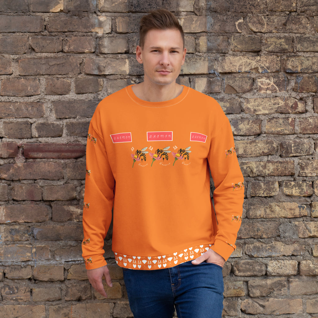 Daemon Luxury Honeybee Smoothie winter sunset unisex recycled sweatshirt with all-over print in white, front view.