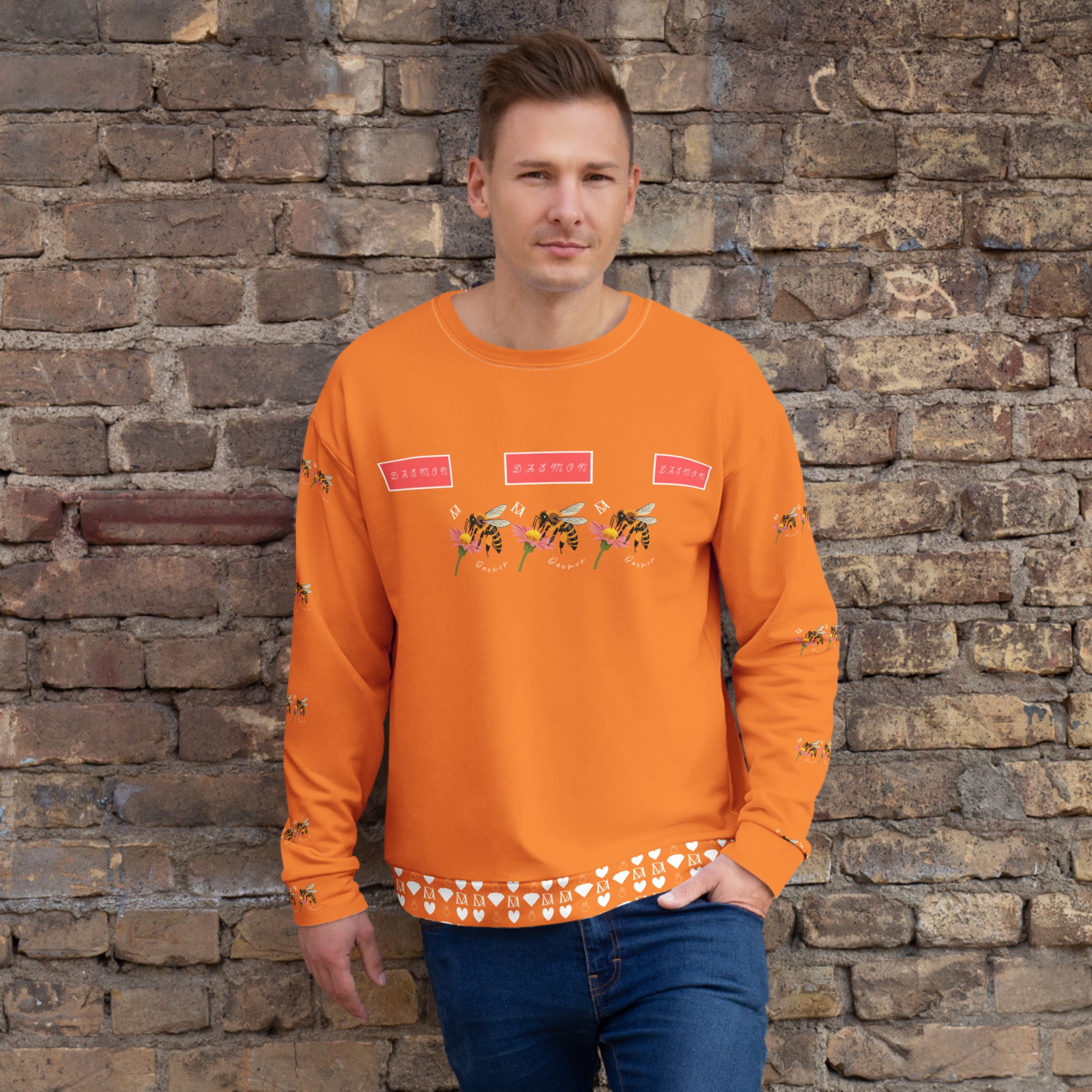 Daemon Luxury Honeybee Smoothie winter sunset unisex recycled sweatshirt with all-over print in white, front view.
