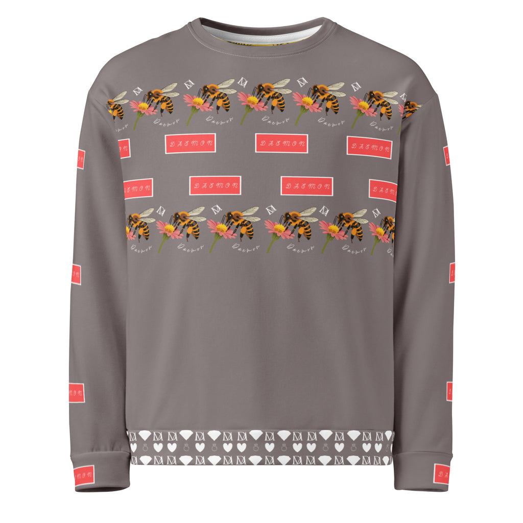 White Daemon Luxury Honeybee Smoothie Critiques Tea all-over-print recycled unisex sweatshirt, front view with vibrant bee and tea leaf design.
