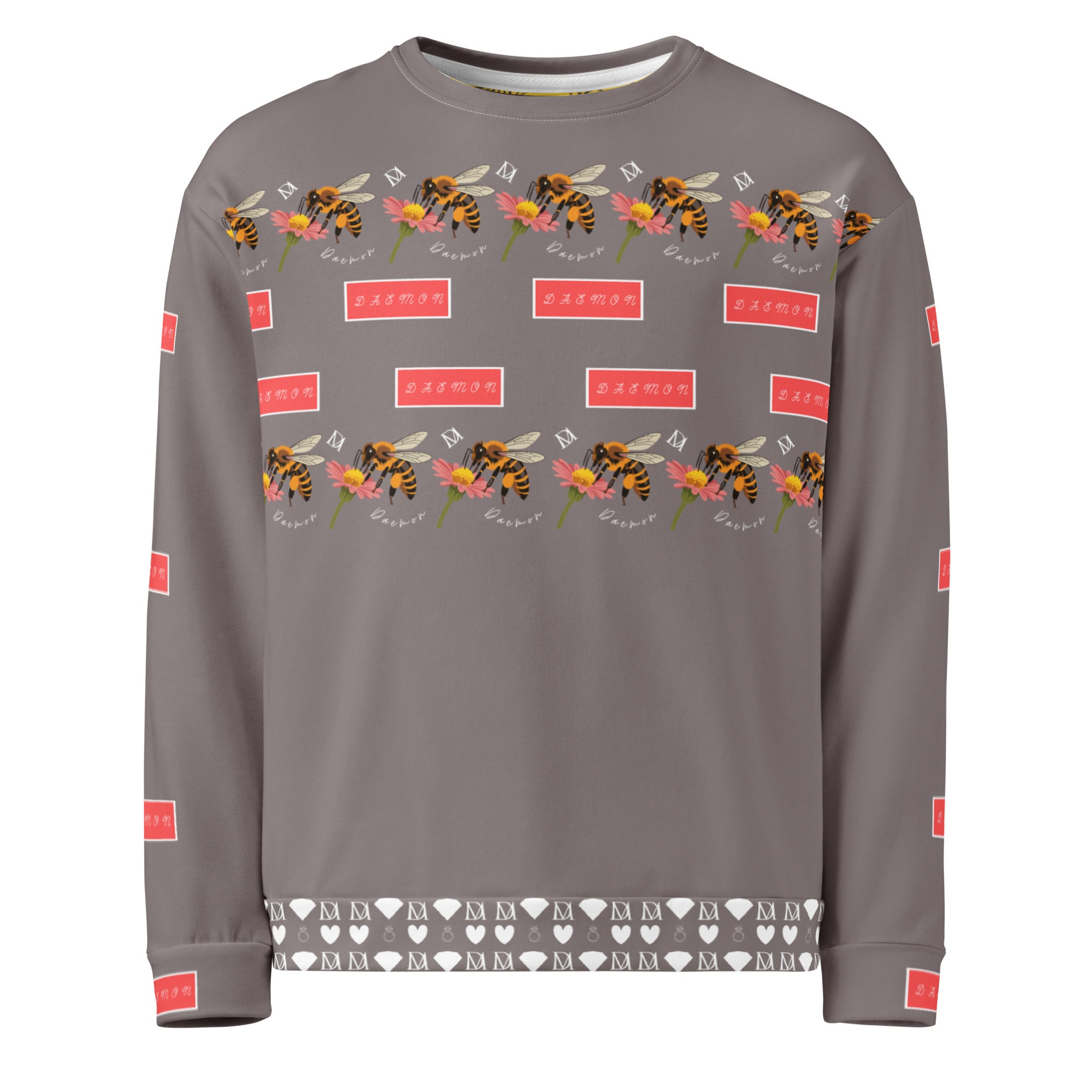 White Daemon Luxury Honeybee Smoothie Critiques Tea all-over-print recycled unisex sweatshirt, front view with vibrant bee and tea leaf design.