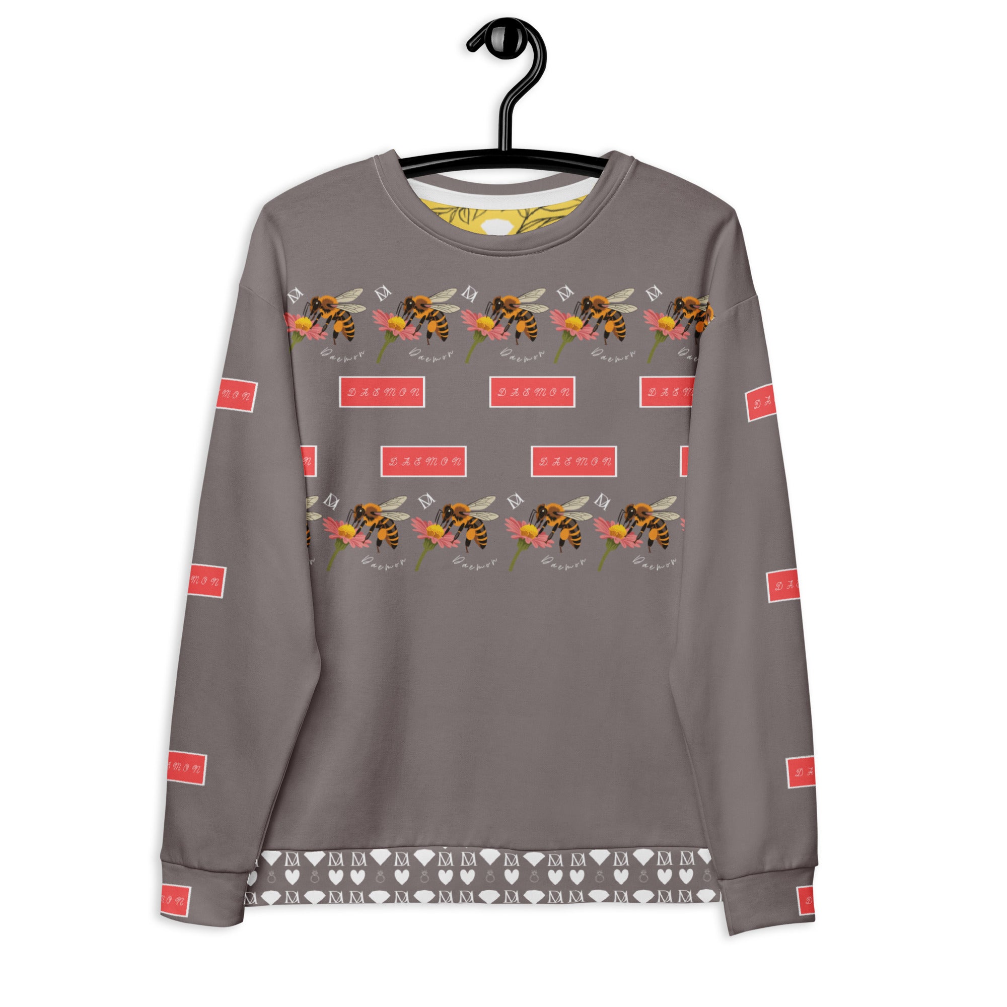 Daemon Luxury Honeybee Smoothie Critiques Tea unisex recycled white sweatshirt with all-over print, front view.