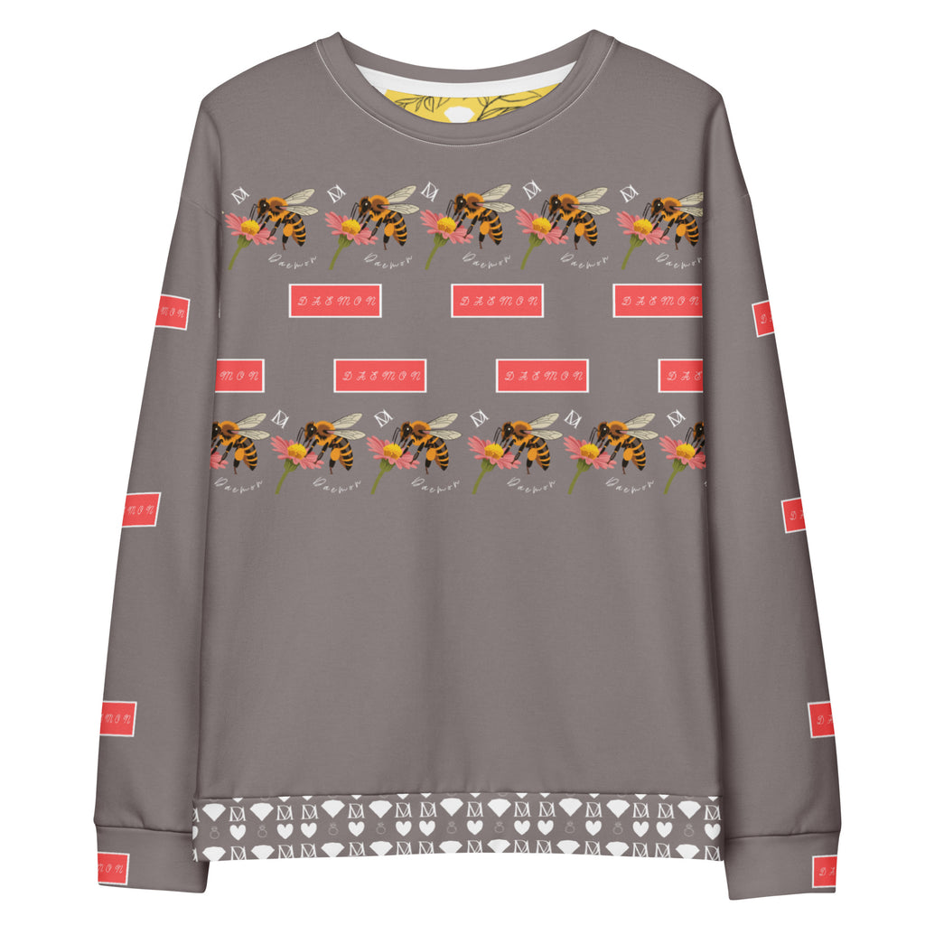 Daemon Luxury Honeybee Smoothie Critiques Tea unisex recycled all-over print white sweatshirt, front view.