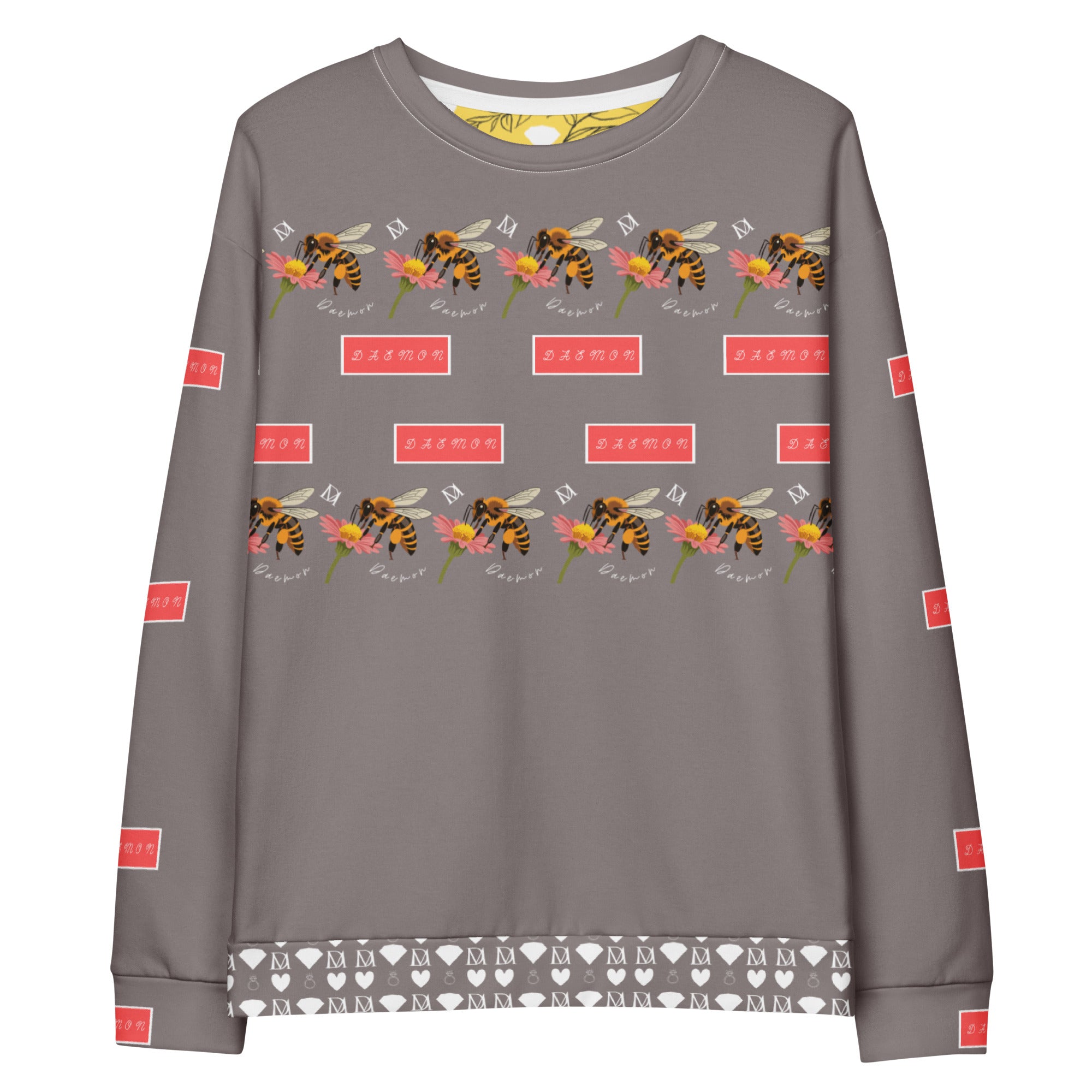 Daemon Luxury Honeybee Smoothie Critiques Tea unisex recycled all-over print white sweatshirt, front view.