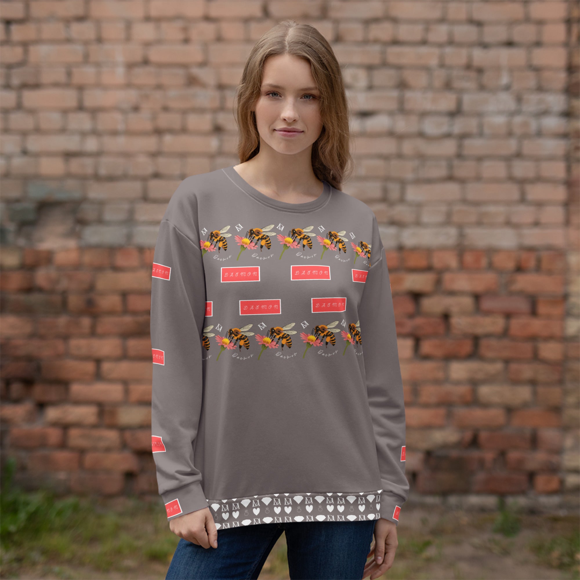 Daemon Luxury Honeybee Smoothie Critiques Tea unisex white recycled all-over-print sweatshirt front view