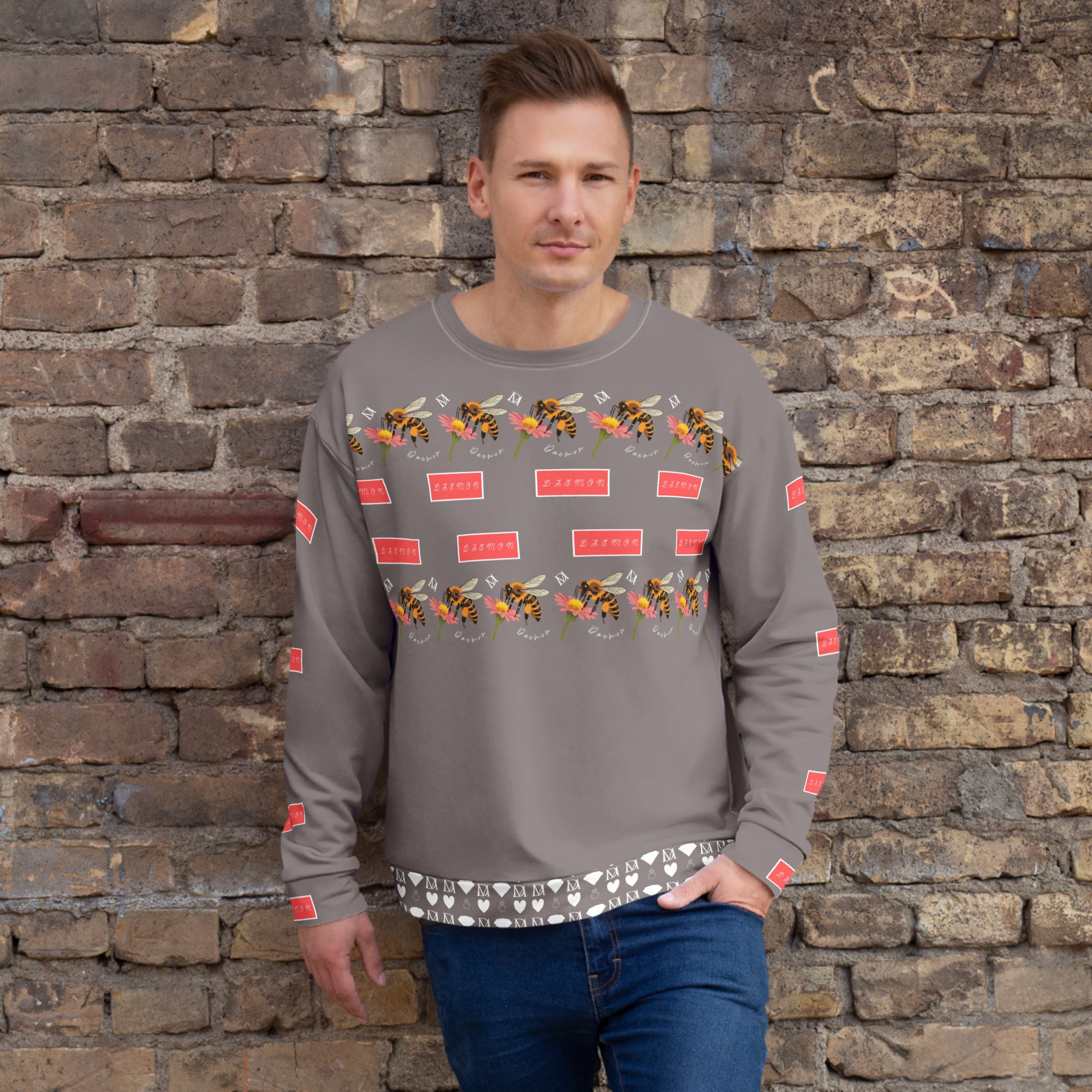 Daemon Luxury Honeybee Smoothie Critiques Tea all-over-print recycled unisex sweatshirt, white front view