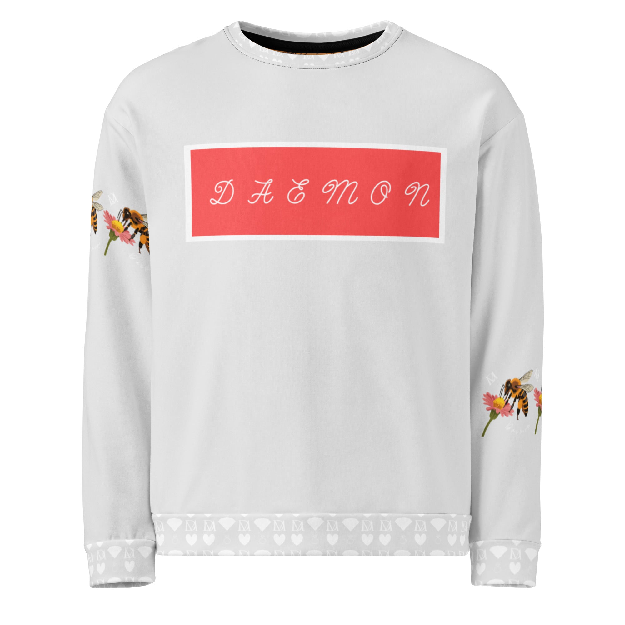 White Honeybee Smoothie Felpa by Daemon Luxury, all-over print recycled unisex sweatshirt with colorful bee and floral design.