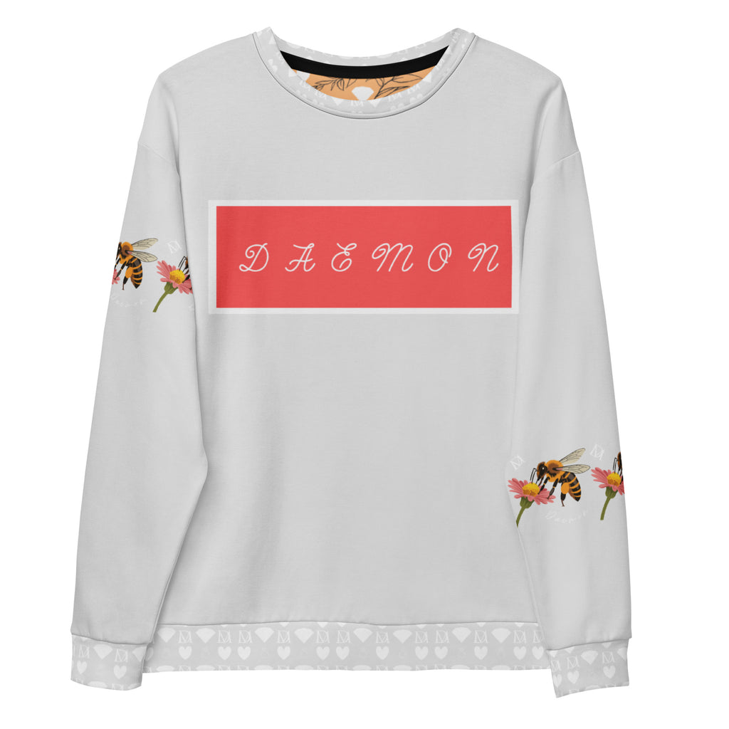 White Felpa Honeybee Smoothie all-over-print recycled unisex sweatshirt by Daemon Luxury, featuring colorful honeybee and smoothie design.
