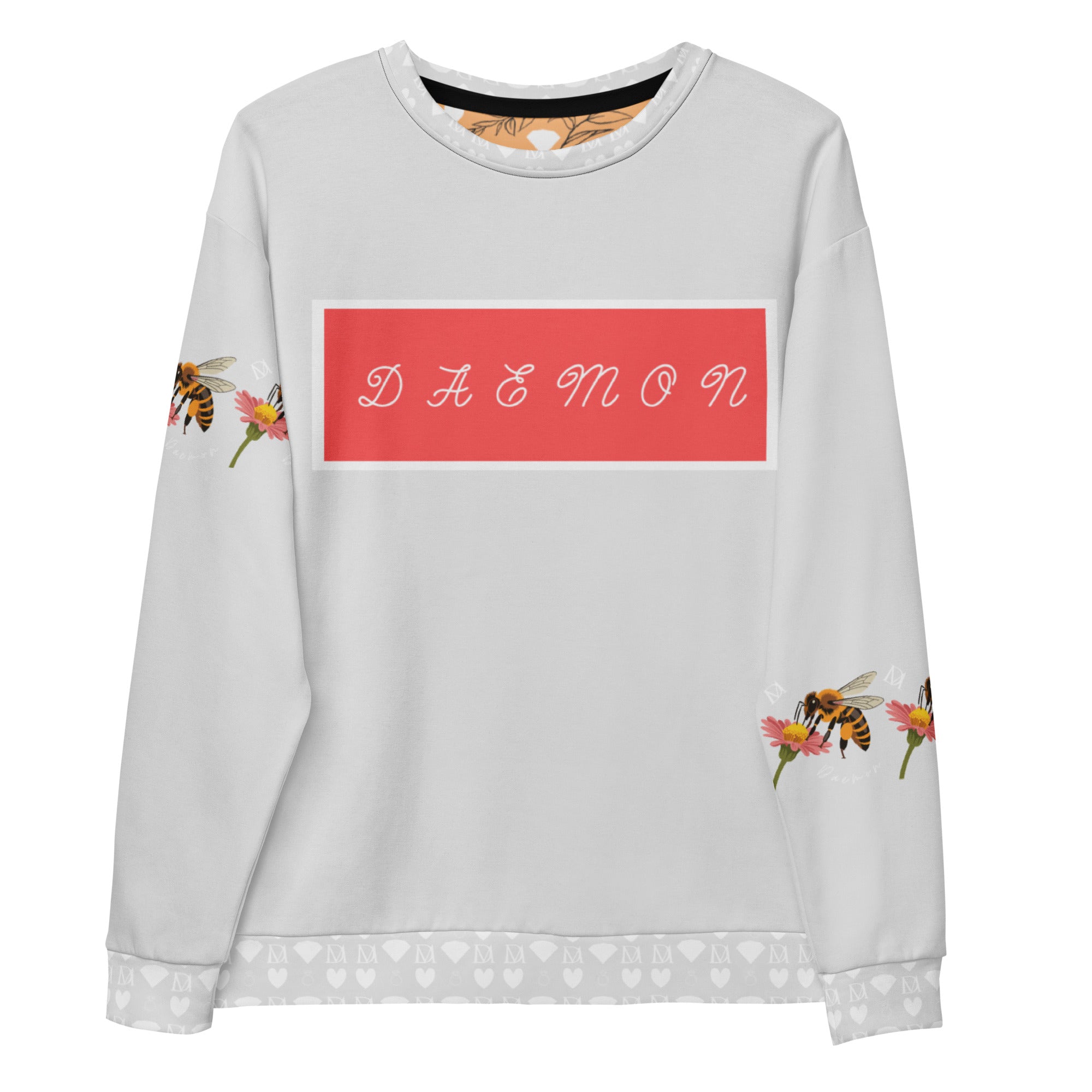 White Felpa Honeybee Smoothie all-over-print recycled unisex sweatshirt by Daemon Luxury, featuring colorful honeybee and smoothie design.