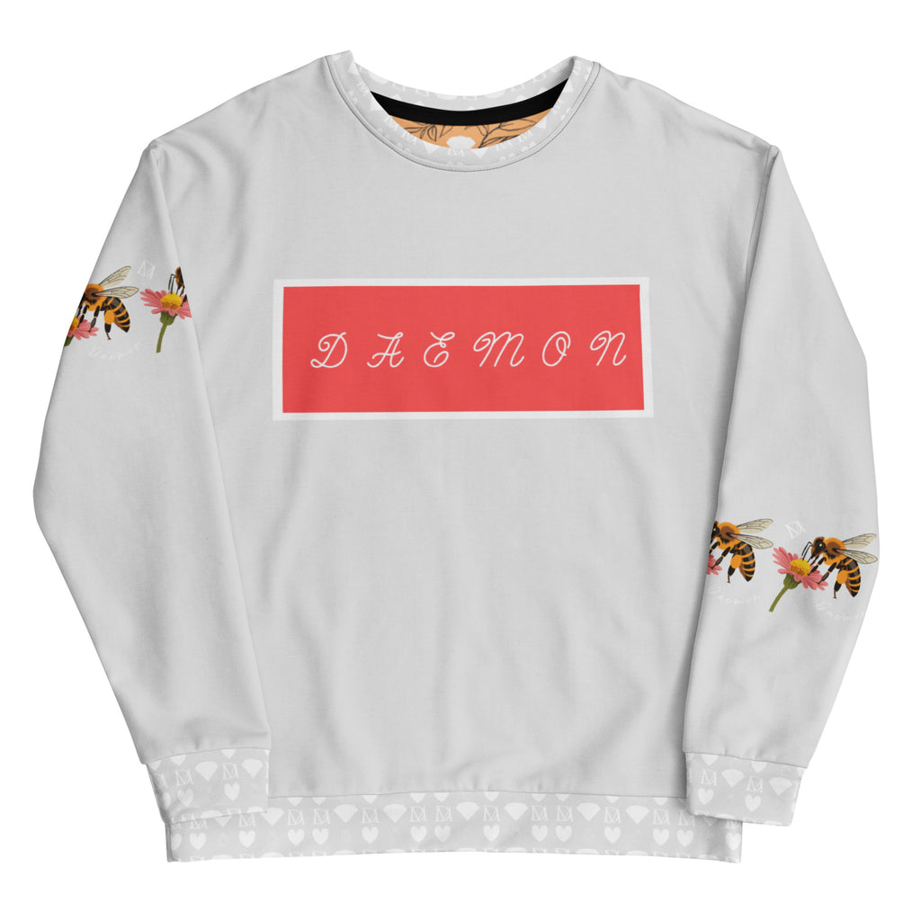 White Daemon Luxury Honeybee Smoothie unisex recycled sweatshirt with all-over print and graphic front design.