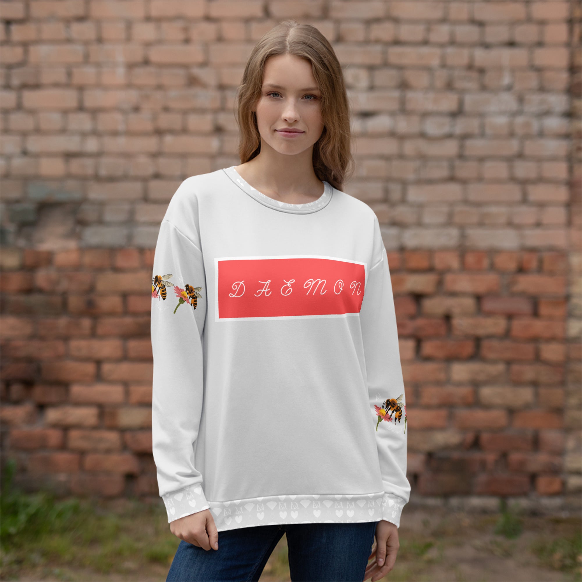 White Honeybee Smoothie Eco-Friendly unisex sweatshirt by Daemon Luxury featuring all-over print design.