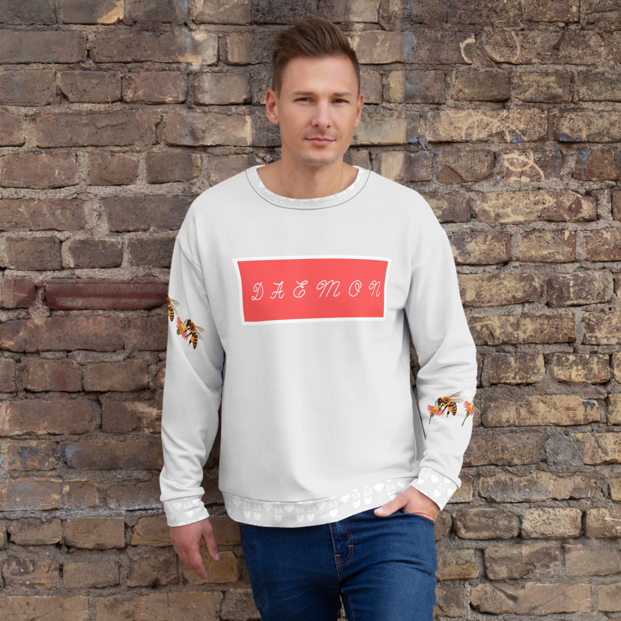 White Honeybee Smoothie Felpa by Daemon Luxury, all-over-print recycled unisex sweatshirt with honeybee design on front.