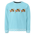 White recycled unisex sweatshirt with all-over honeybee and skyberries print by Daemon Luxury, front view.