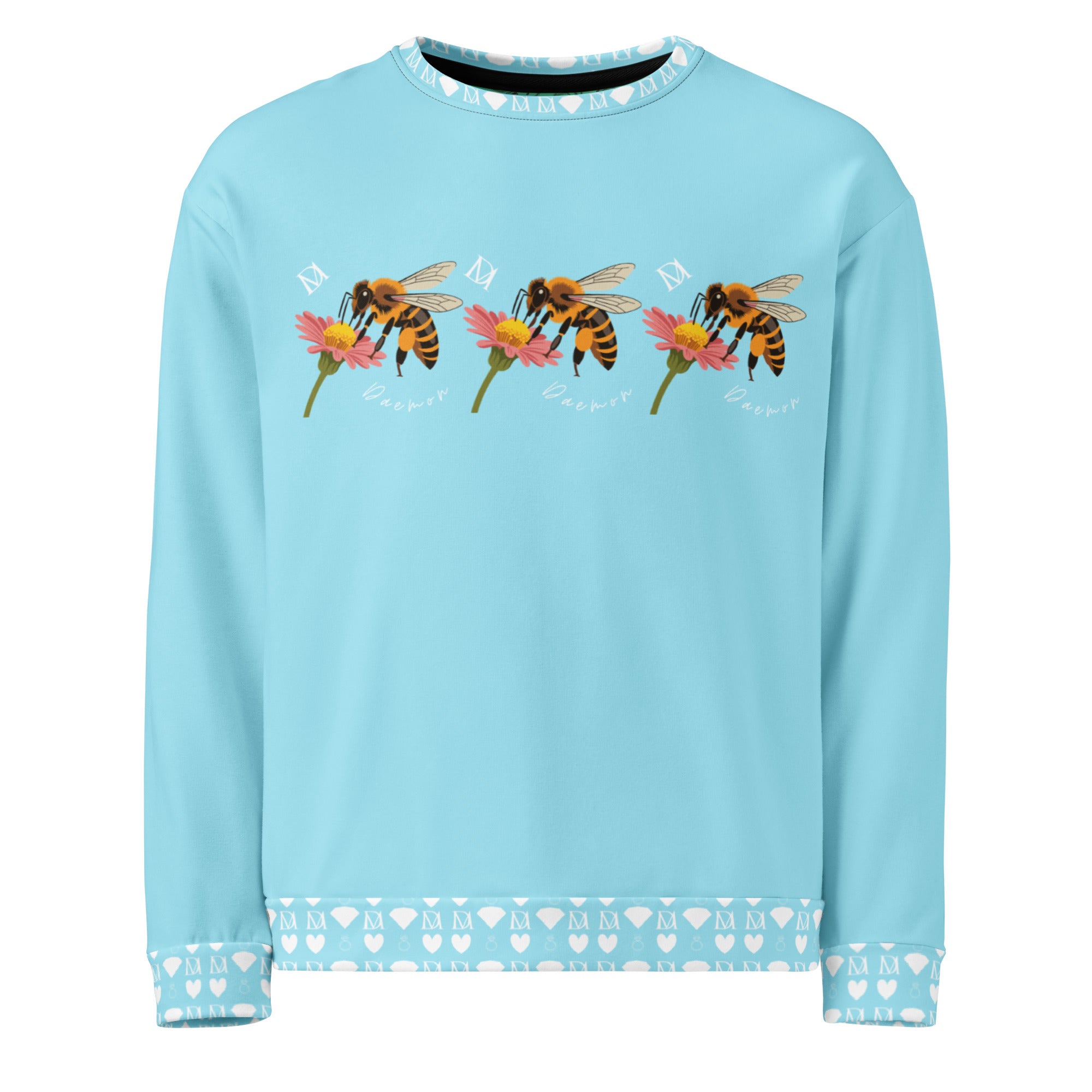 White recycled unisex sweatshirt with all-over honeybee and skyberries print by Daemon Luxury, front view.