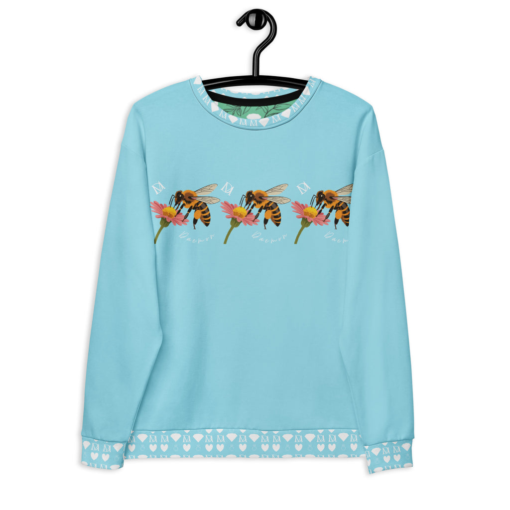 Daemon Luxury Honeybee Smoothie Skyberries all-over-print recycled unisex sweatshirt in white, front view with vibrant design.