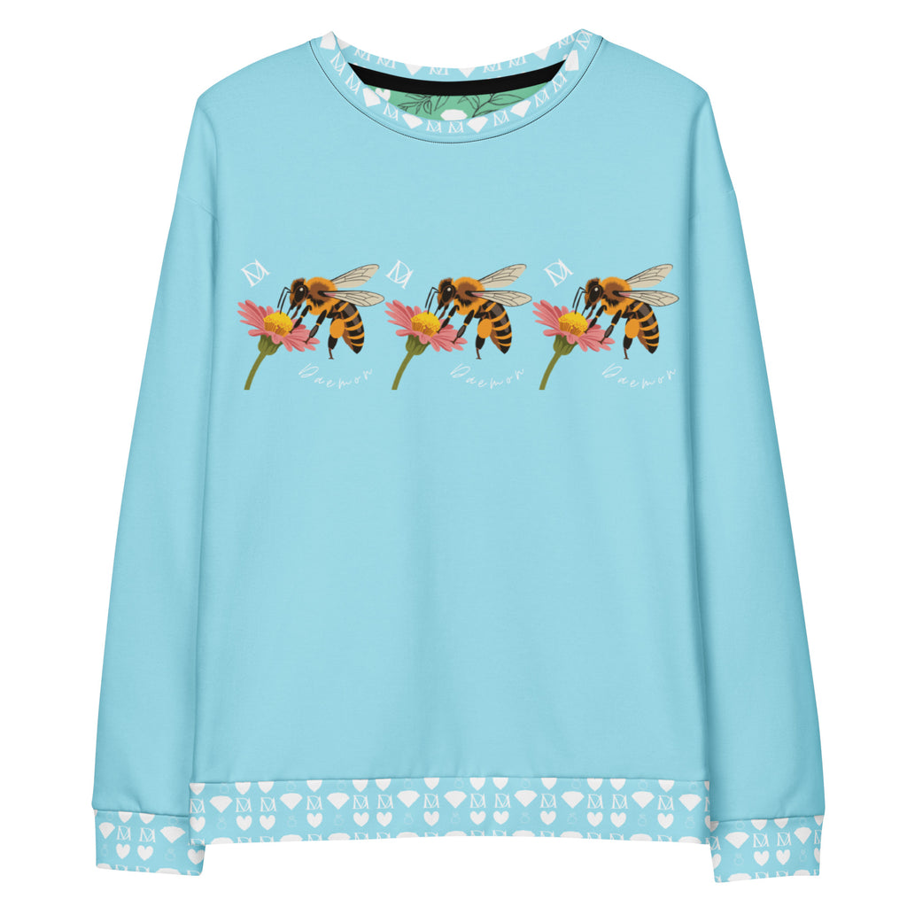 Unisex white Felpa sweatshirt with all-over Honeybee Smoothie Skyberries print by Daemon Luxury, featuring colorful berry and bee design.